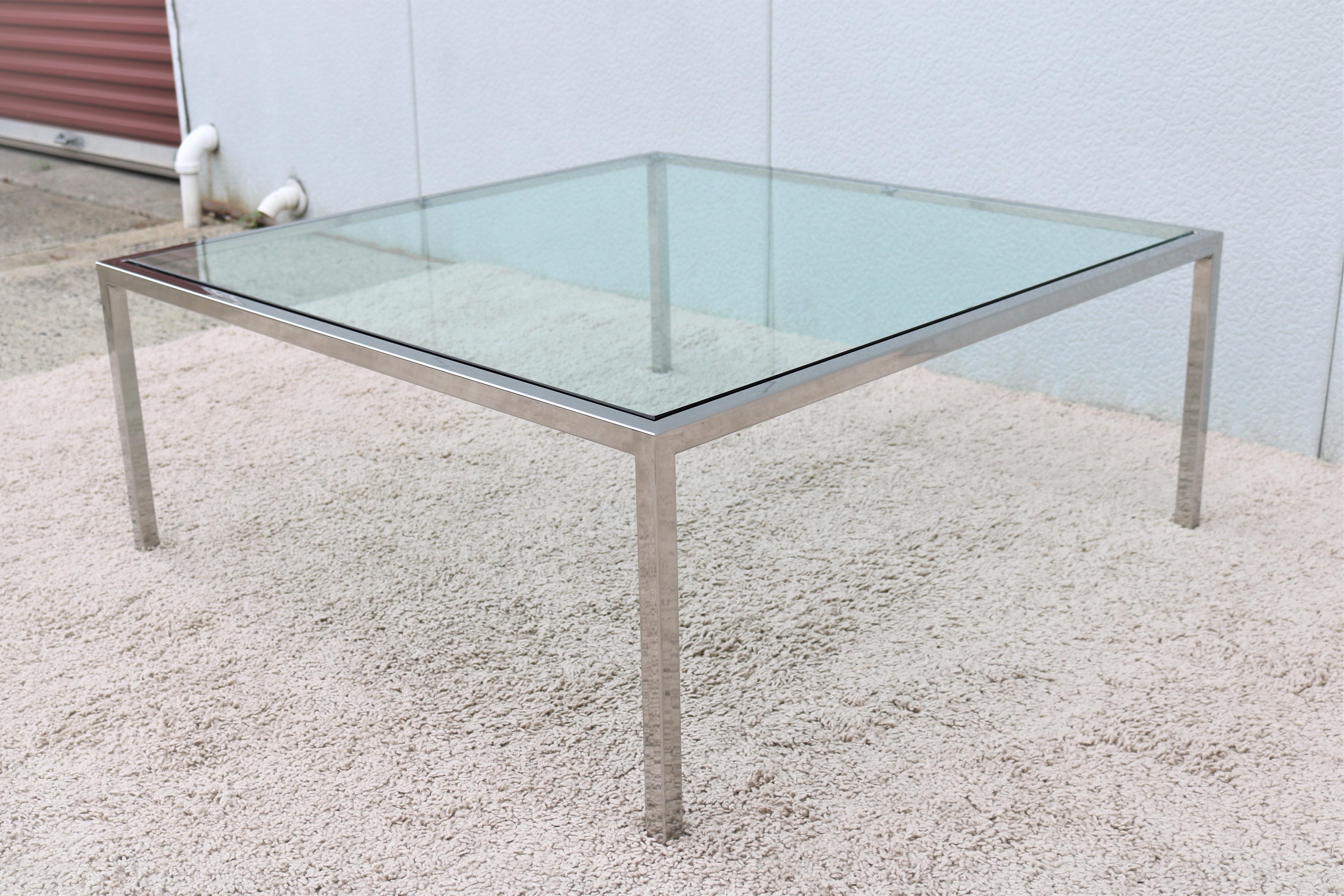 20th Century Mid-Century Modern Milo Baughman Style Glass Stainless Steel Square Coffee Table