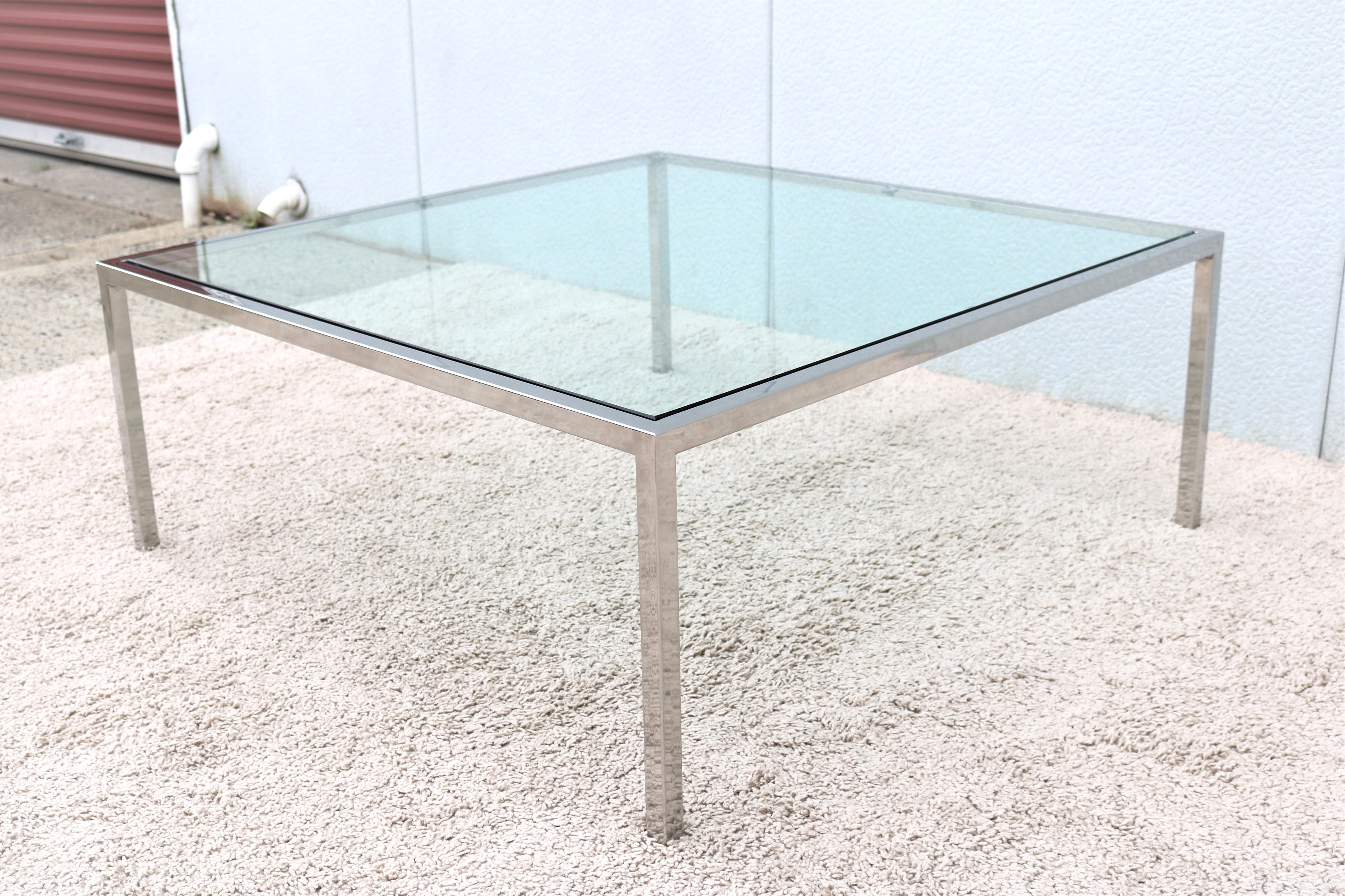 20th Century Mid-Century Modern Milo Baughman Style Glass Stainless Steel Square Coffee Table For Sale