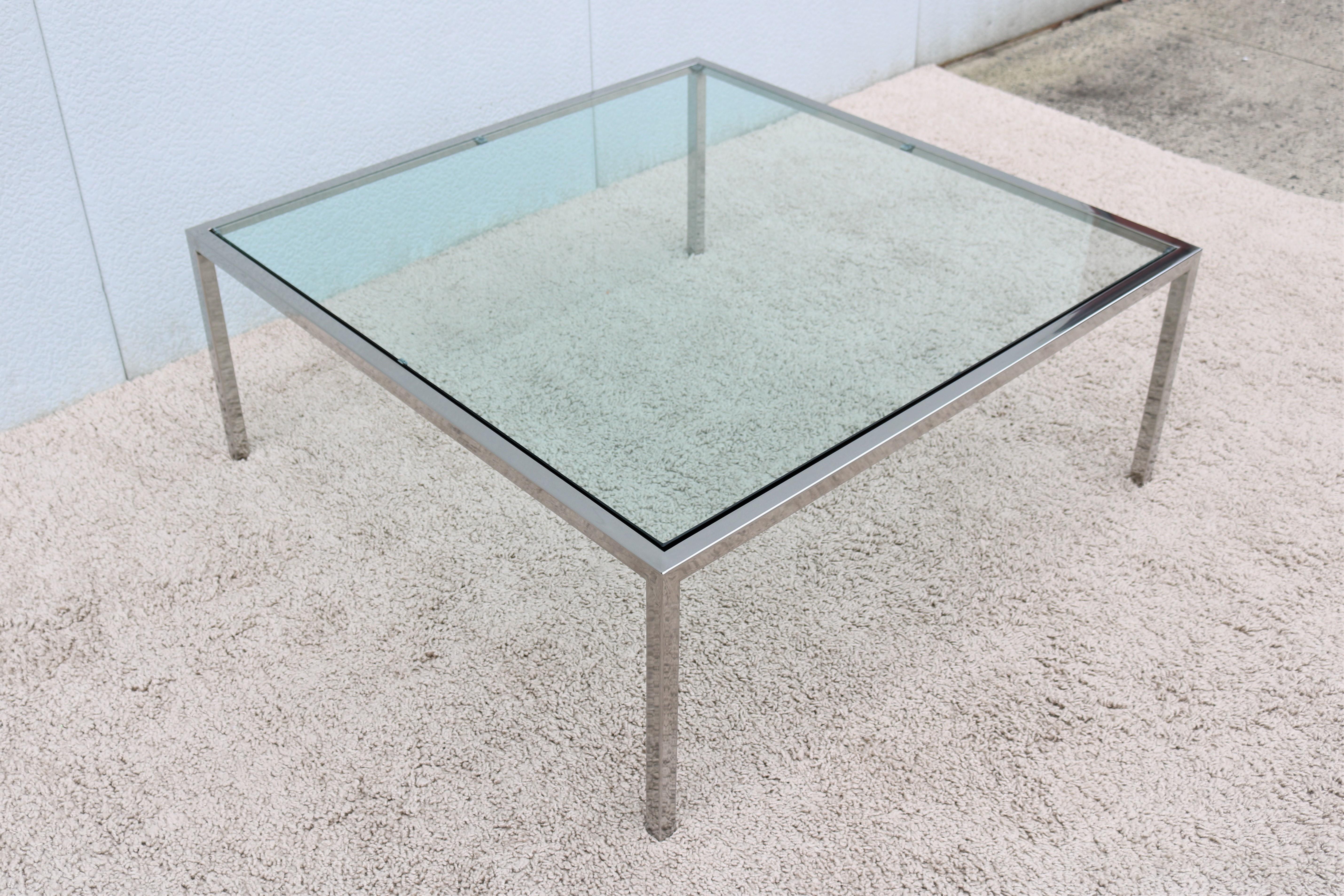 Mid-Century Modern Milo Baughman Style Glass Stainless Steel Square Coffee Table 1