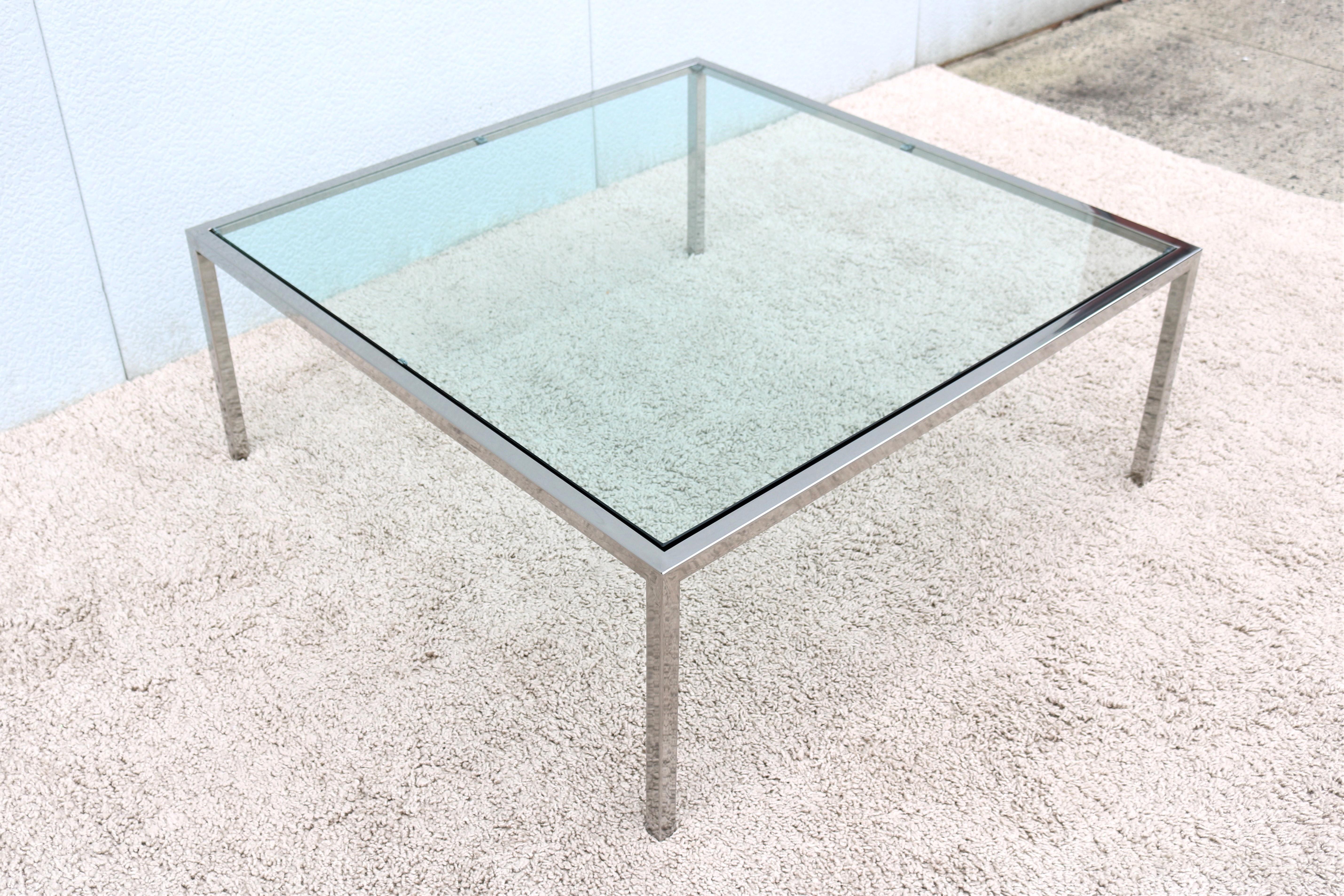 Mid-Century Modern Milo Baughman Style Glass Stainless Steel Square Coffee Table For Sale 1