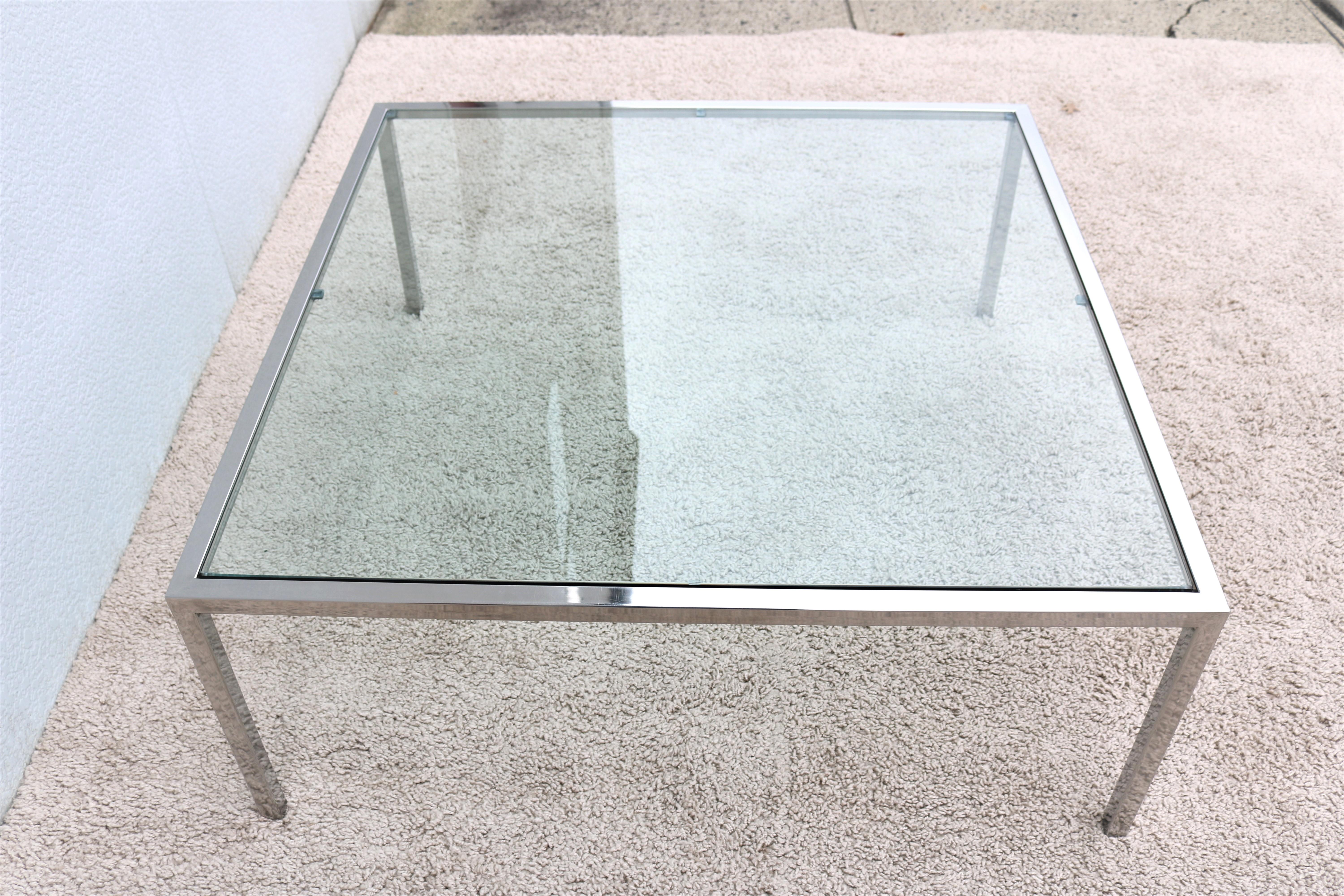 Mid-Century Modern Milo Baughman Style Glass Stainless Steel Square Coffee Table For Sale 2