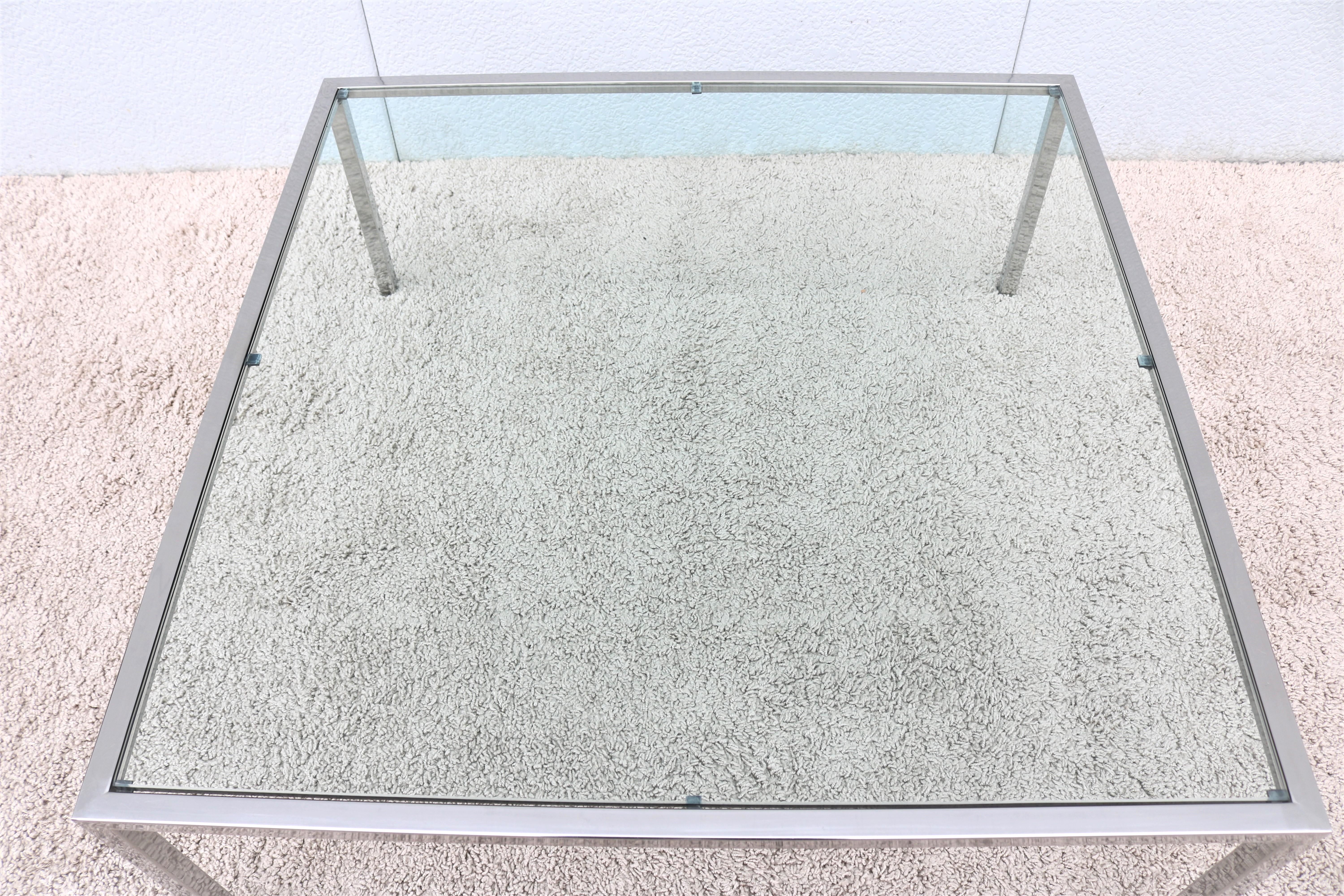 Mid-Century Modern Milo Baughman Style Glass Stainless Steel Square Coffee Table For Sale 3