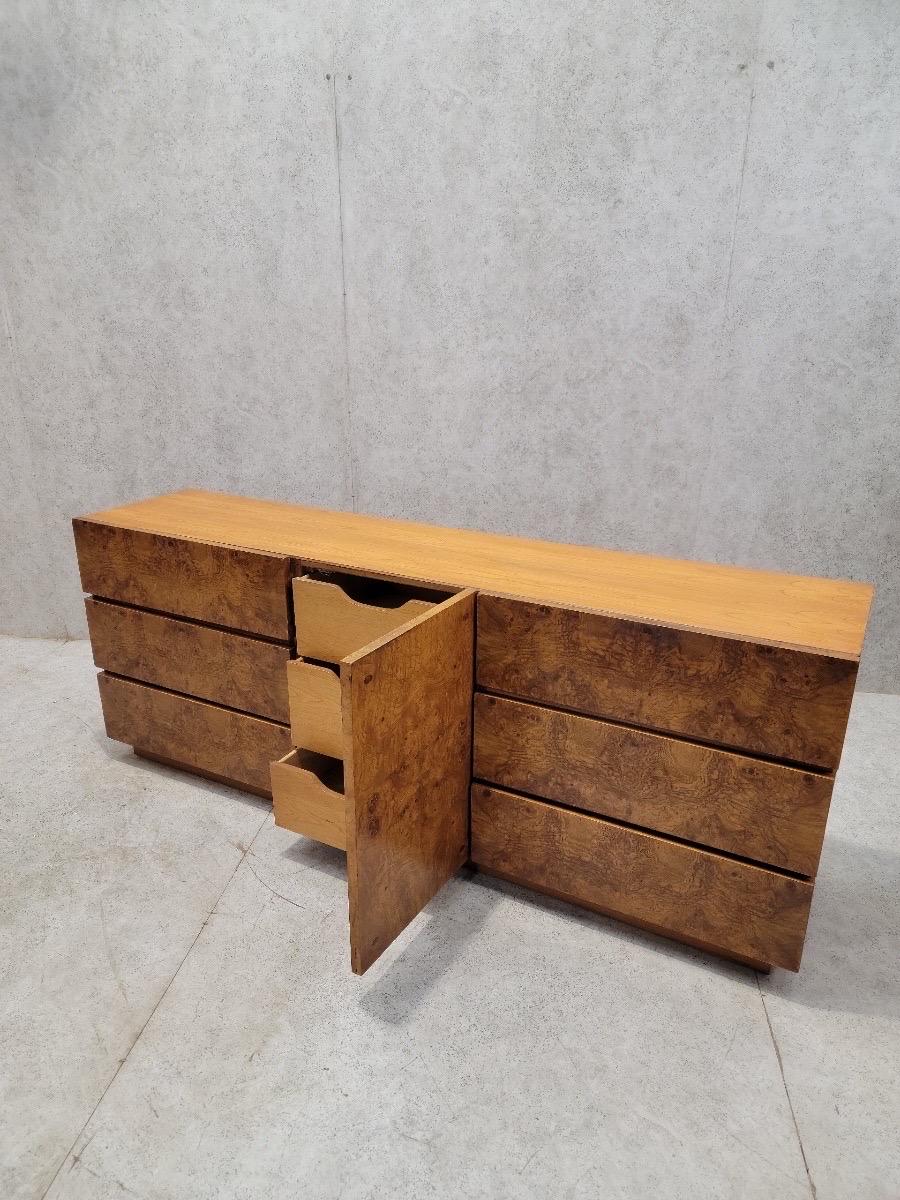 20th Century Mid Century Modern Milo Baughman Style Lane Burl Wood Lowboy Dresser For Sale