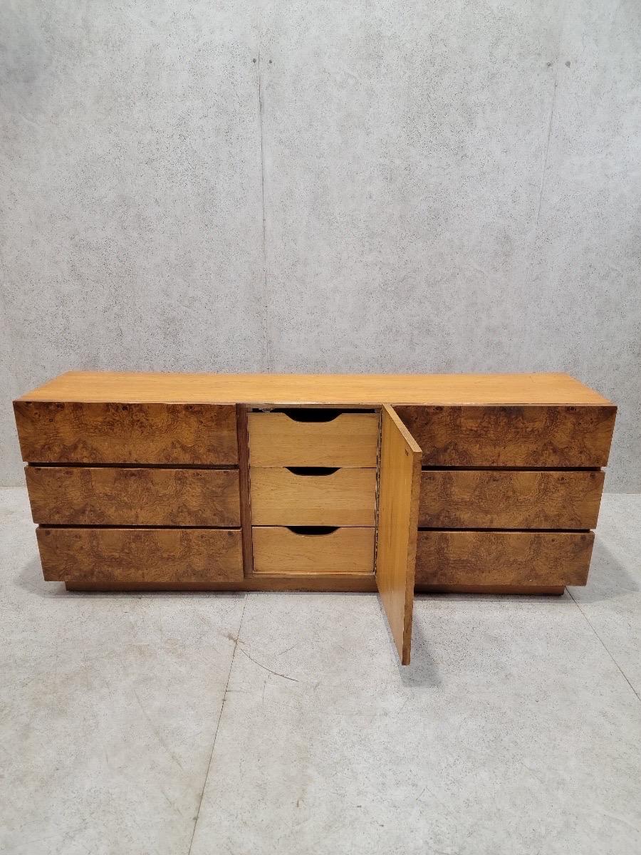 Mid Century Modern Milo Baughman Style Lane Burl Wood Lowboy Dresser For Sale 1