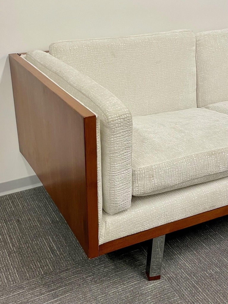 Textile Mid-Century Modern Milo Baughman Style Sofa, Couch, Walnut, Chrome, American For Sale