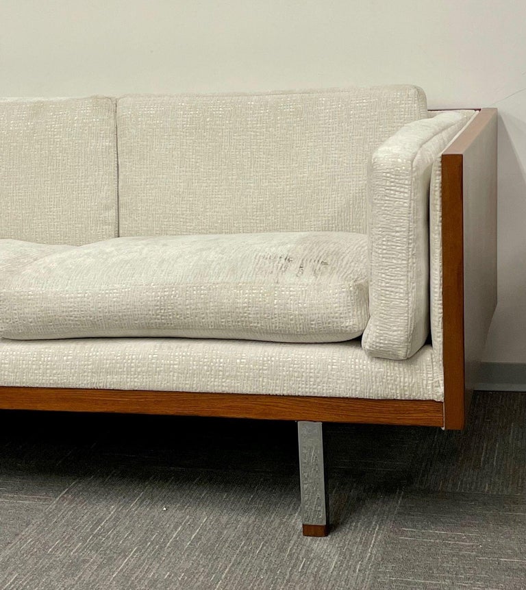 Mid-Century Modern Milo Baughman Style Sofa, Couch, Walnut, Chrome, American For Sale 1