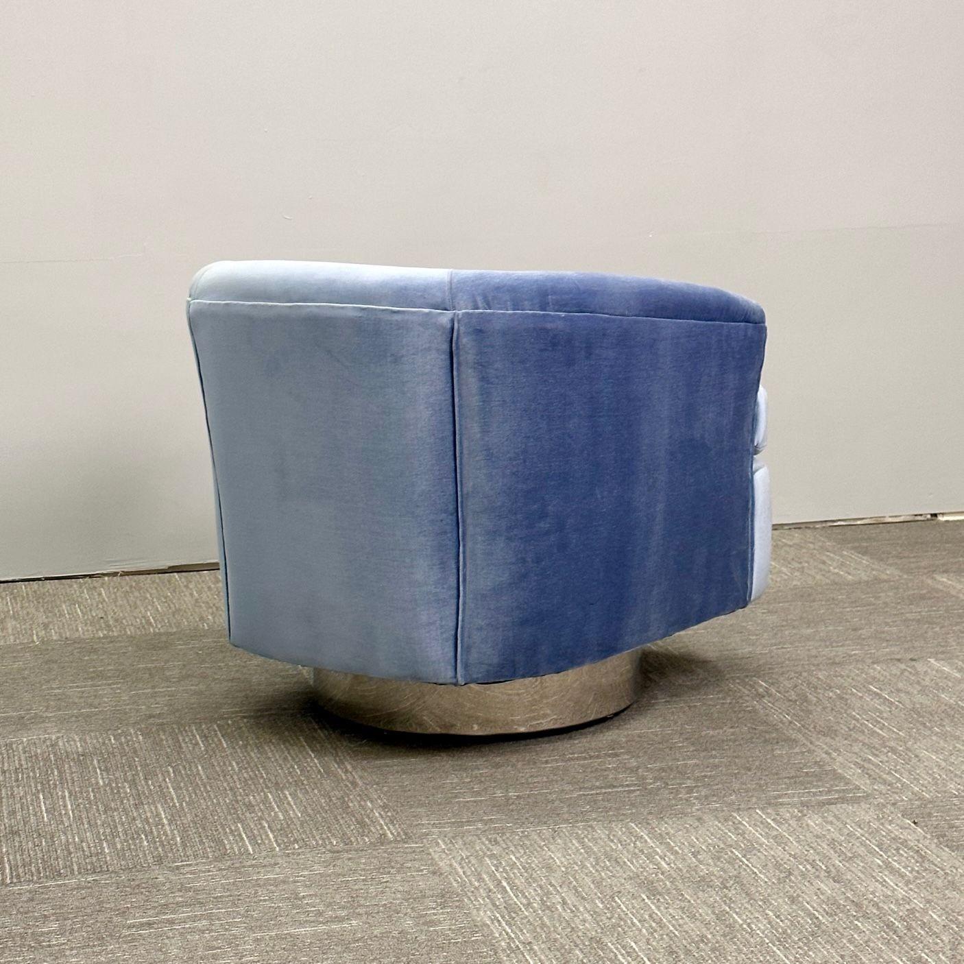 Mid-Century Modern Milo Baughman Style Swivel Chairs, Chrome Base, Blue Mohair For Sale 5