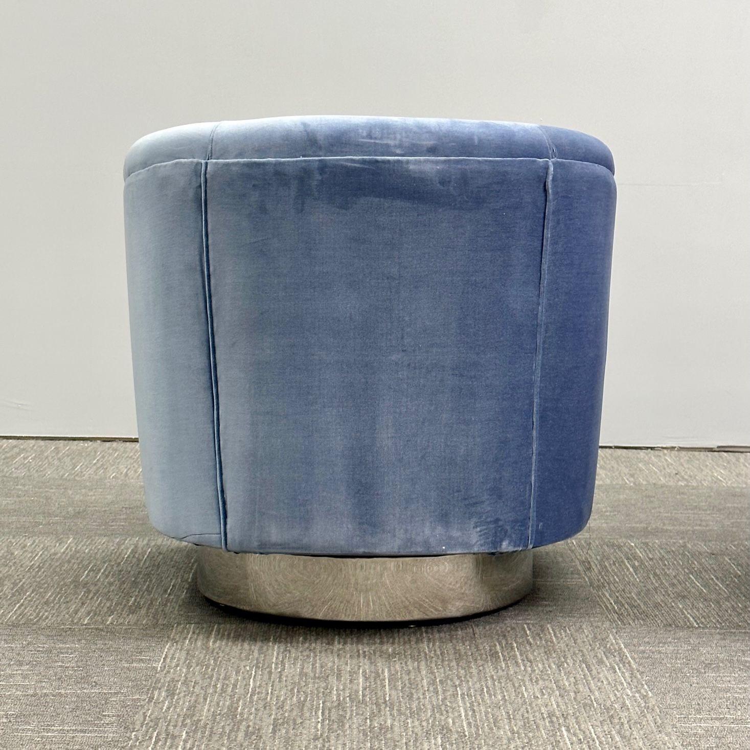 Mid-Century Modern Milo Baughman Style Swivel Chairs, Chrome Base, Blue Mohair For Sale 6