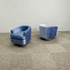 Mid-Century Modern Milo Baughman Style Swivel Chairs, Chrome Base, Blue Mohair