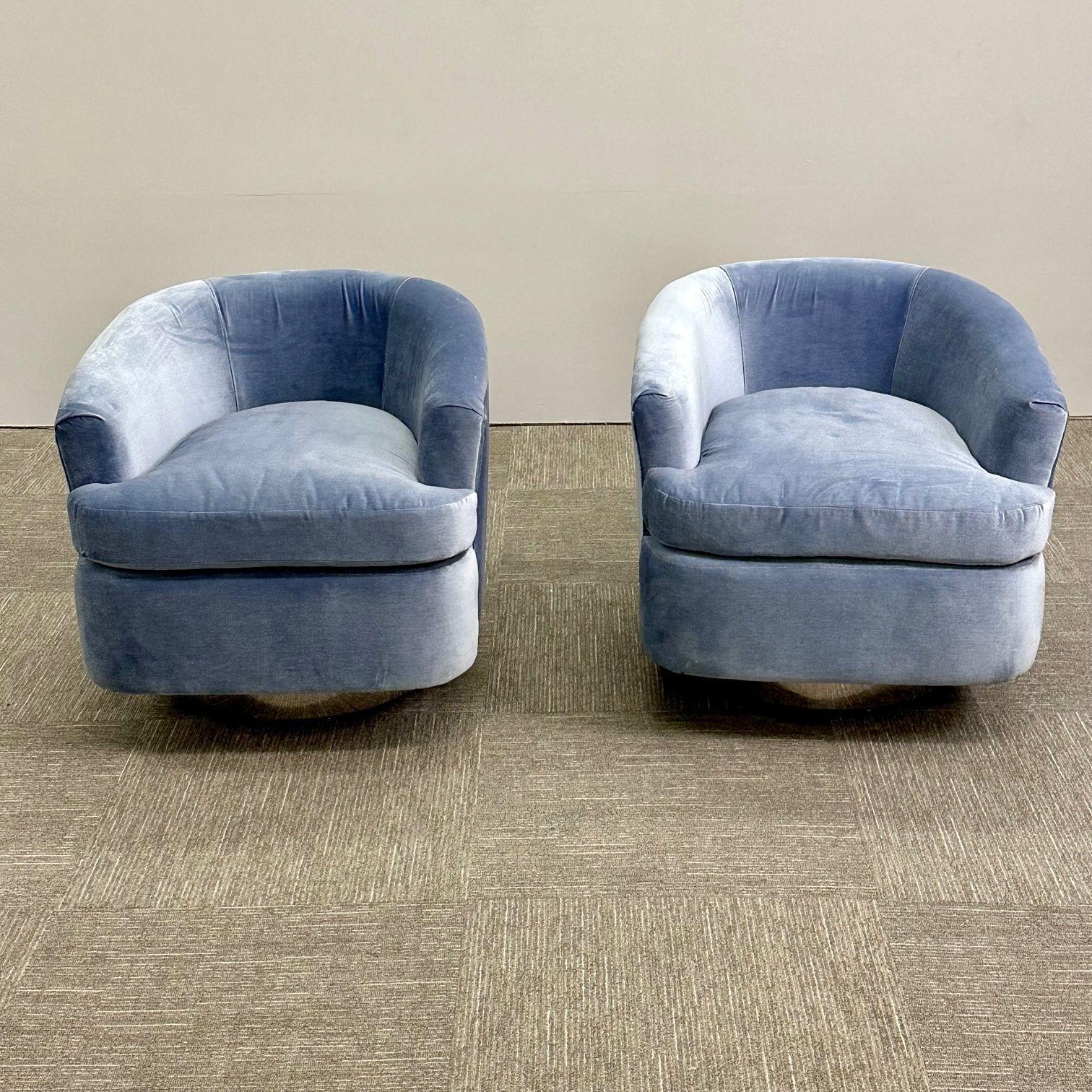 Contemporary Mid-Century Modern Milo Baughman Style Swivel Chairs, Chrome Base, Blue Mohair For Sale
