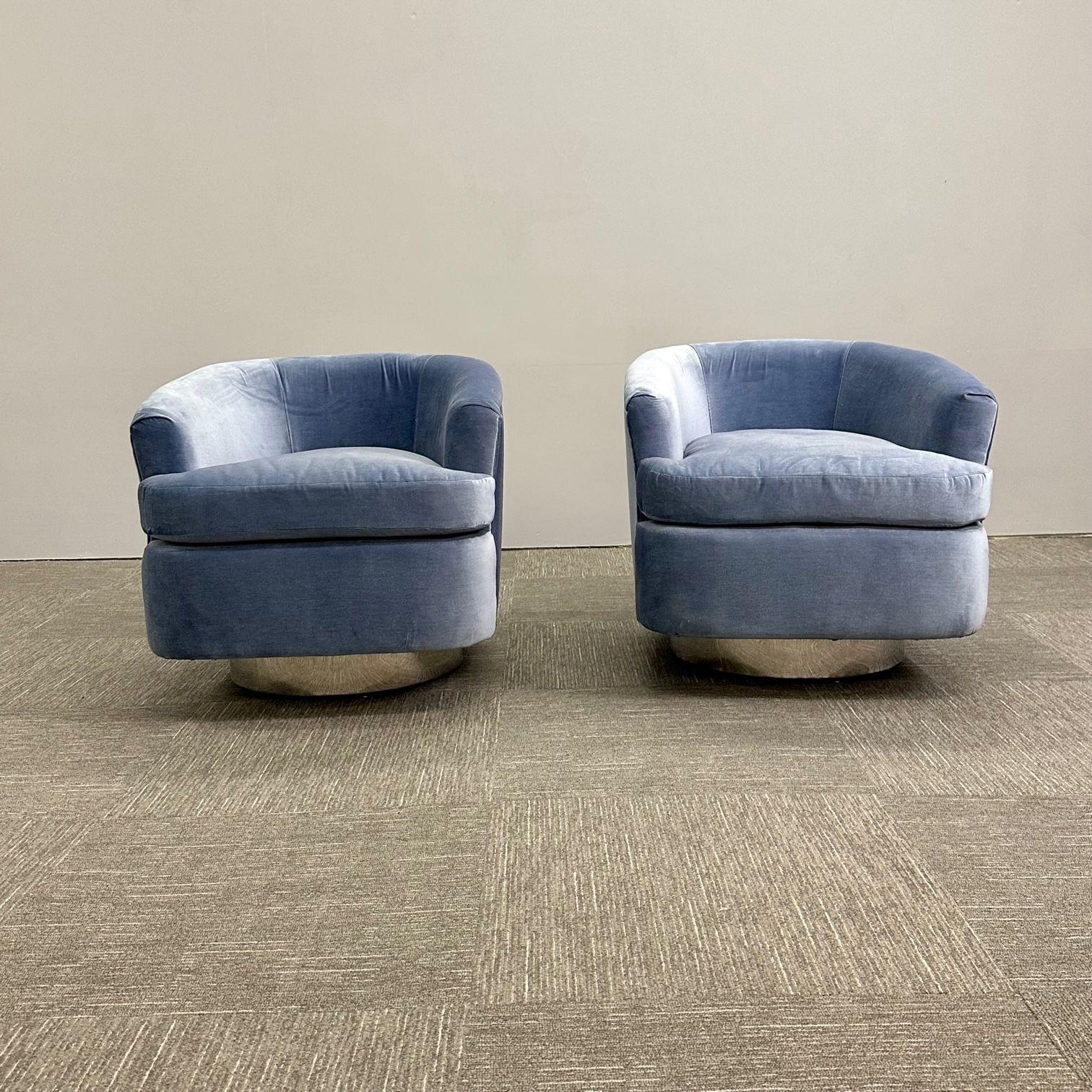 Upholstery Mid-Century Modern Milo Baughman Style Swivel Chairs, Chrome Base, Blue Mohair For Sale
