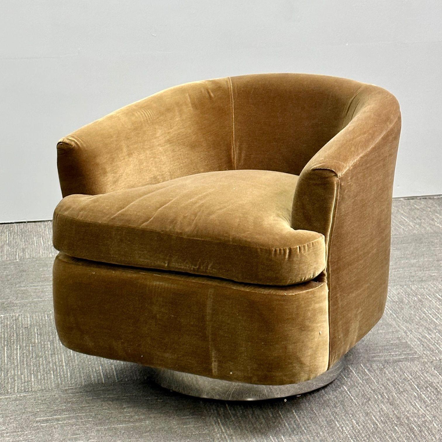 European Mid-Century Modern Milo Baughman Style Swivel Chairs, Chrome Base, Brown Mohair