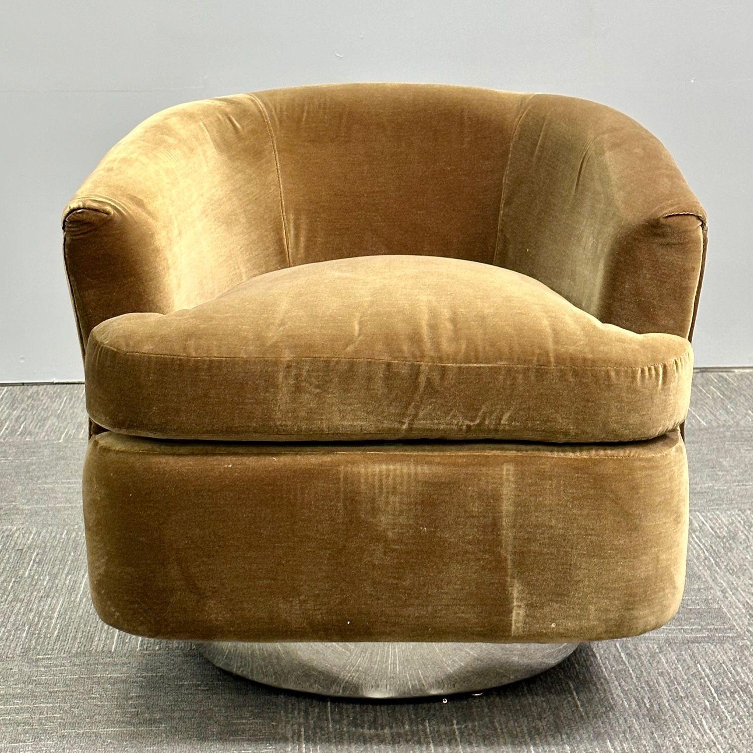 Contemporary Mid-Century Modern Milo Baughman Style Swivel Chairs, Chrome Base, Brown Mohair