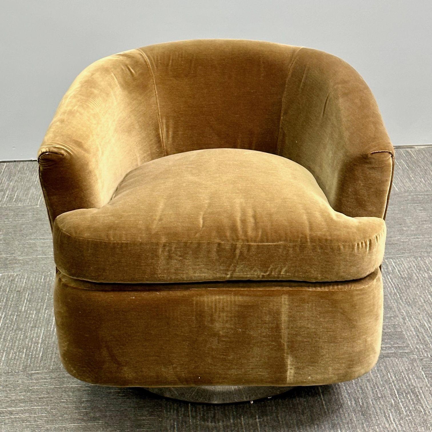 Textile Mid-Century Modern Milo Baughman Style Swivel Chairs, Chrome Base, Brown Mohair
