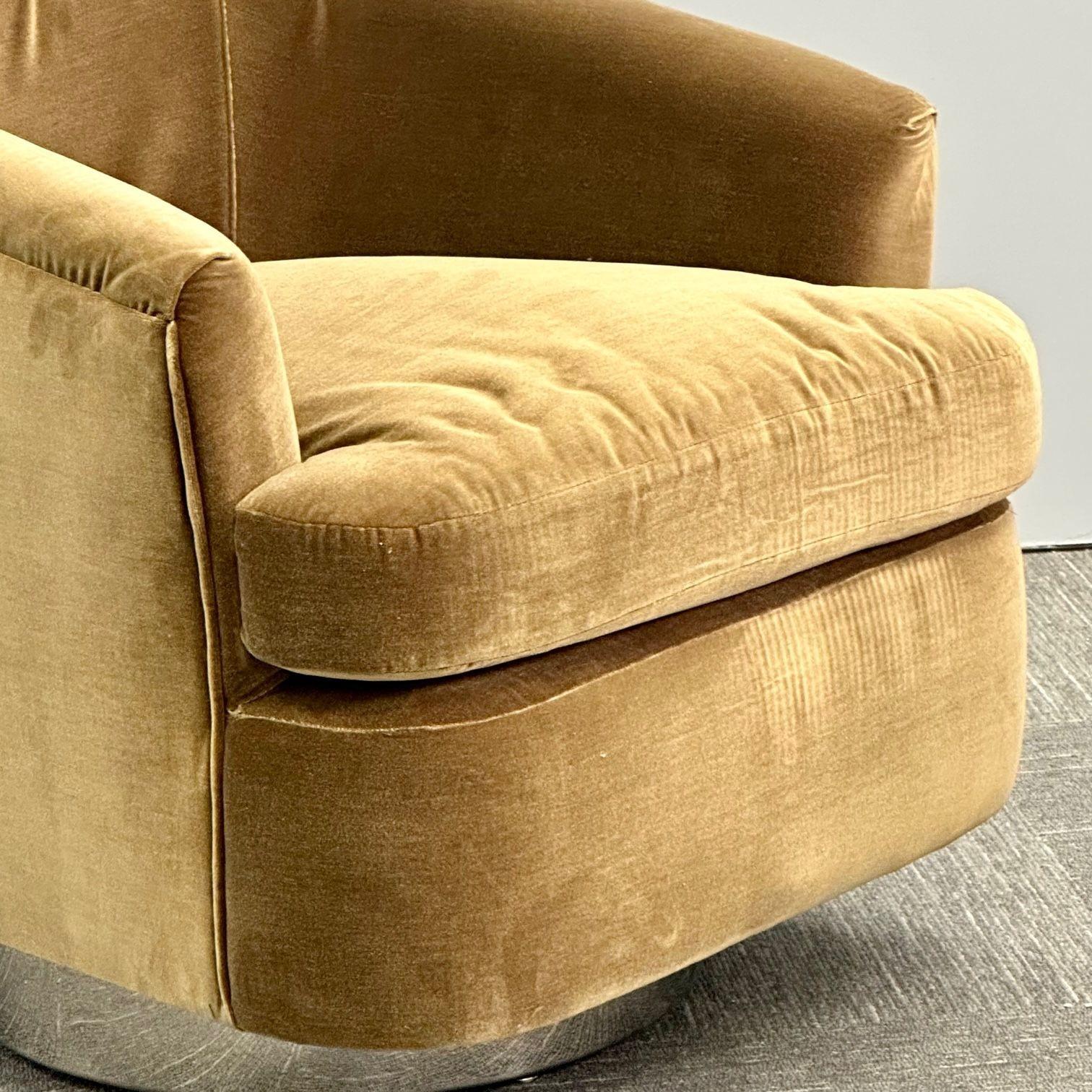 Mid-Century Modern Milo Baughman Style Swivel Chairs, Chrome Base, Brown Mohair 3