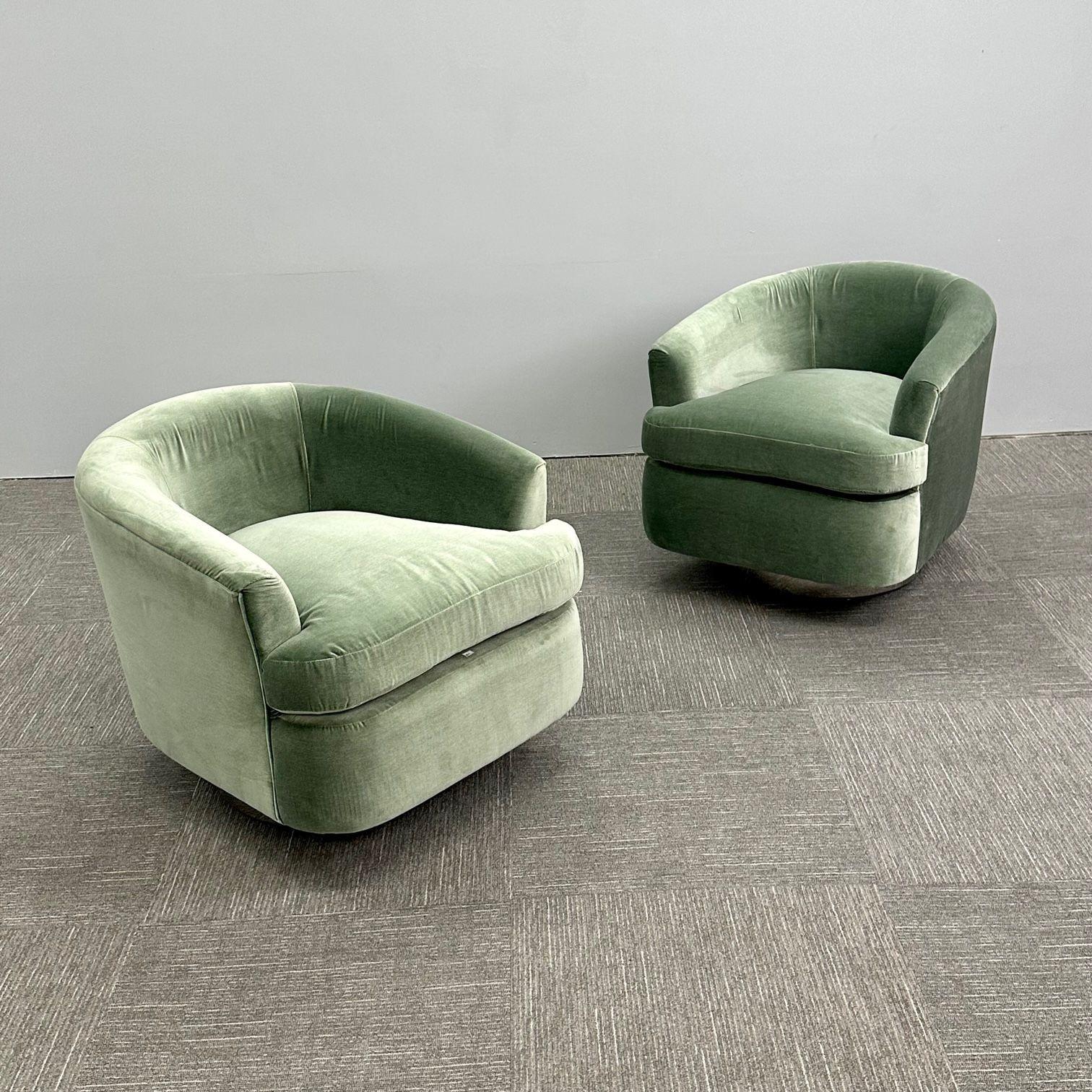 European Mid-Century Modern Milo Baughman Style Swivel Chairs, Chrome Base, Green Velvet