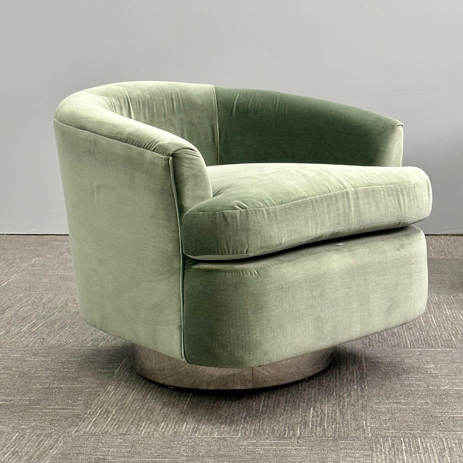 Contemporary Mid-Century Modern Milo Baughman Style Swivel Chairs, Chrome Base, Green Velvet