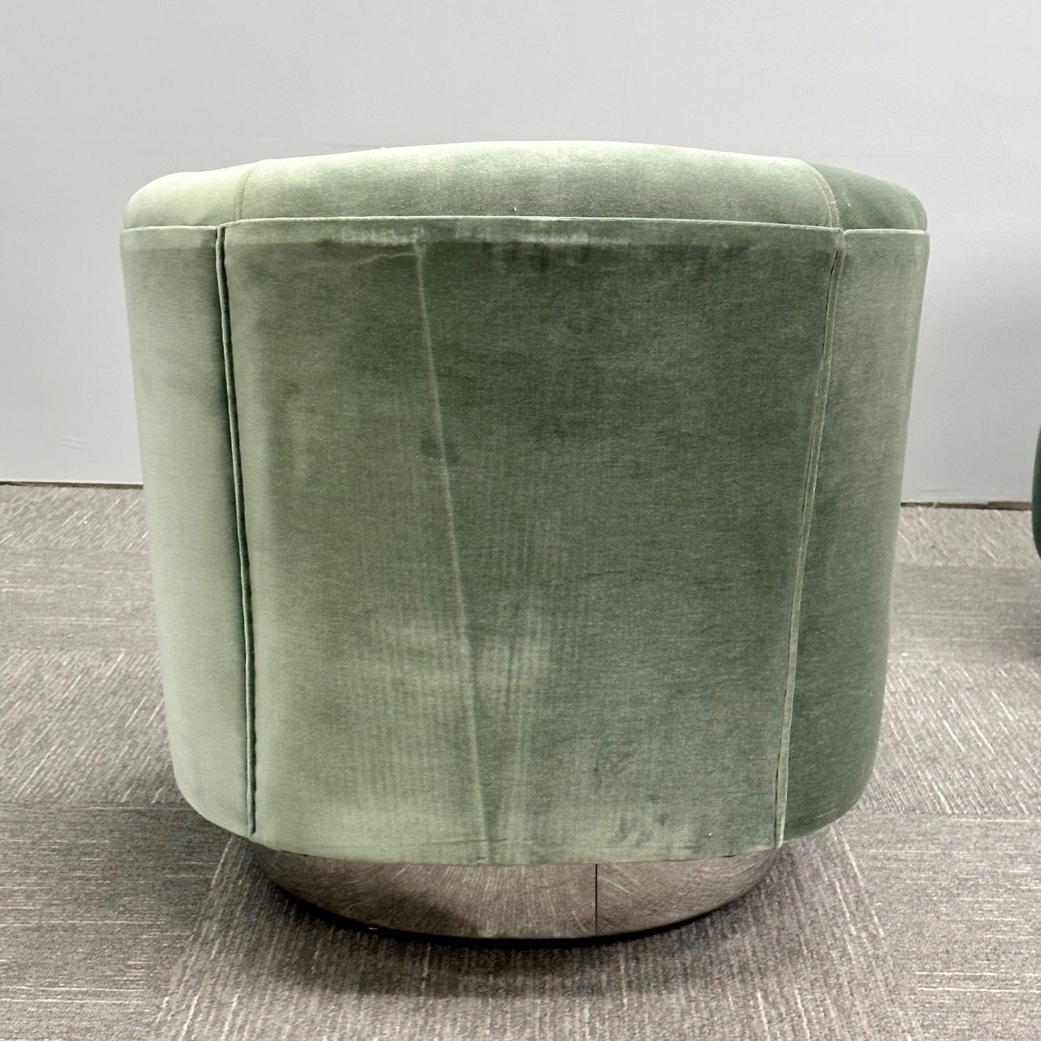 Mohair Mid-Century Modern Milo Baughman Style Swivel Chairs, Chrome Base, Green Velvet