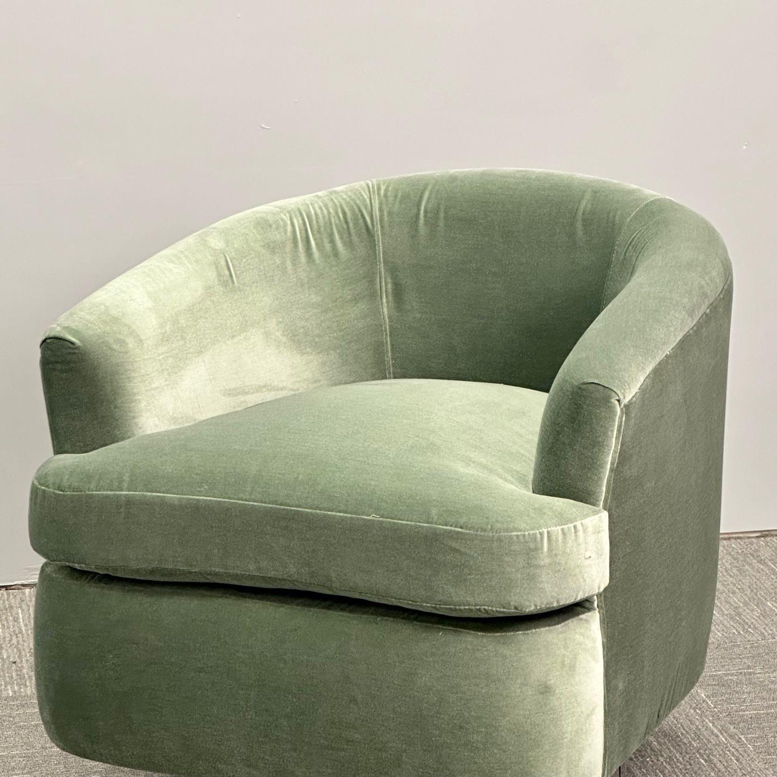 Mid-Century Modern Milo Baughman Style Swivel Chairs, Chrome Base, Green Velvet 1