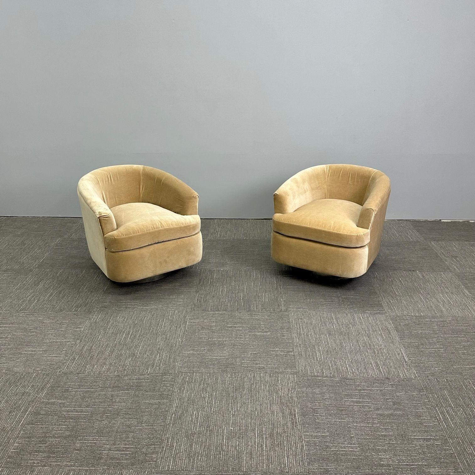 European Mid-Century Modern Milo Baughman Style Swivel Chairs, Chrome Base, Tan Mohair