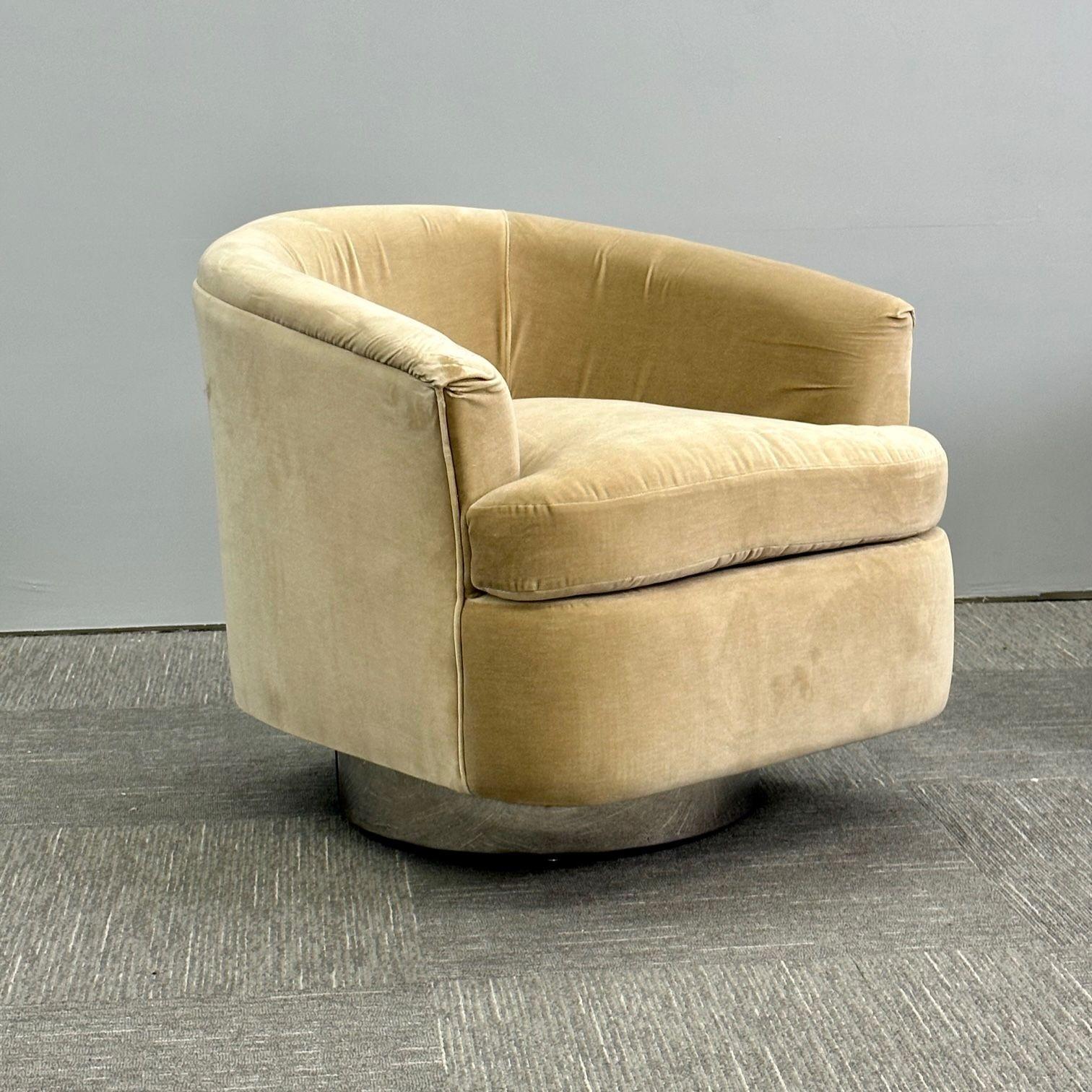 Contemporary Mid-Century Modern Milo Baughman Style Swivel Chairs, Chrome Base, Tan Mohair