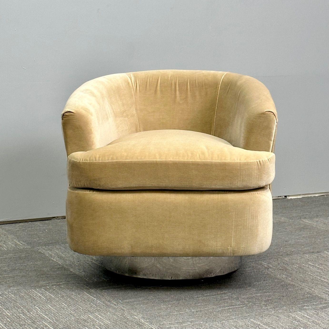 Velvet Mid-Century Modern Milo Baughman Style Swivel Chairs, Chrome Base, Tan Mohair