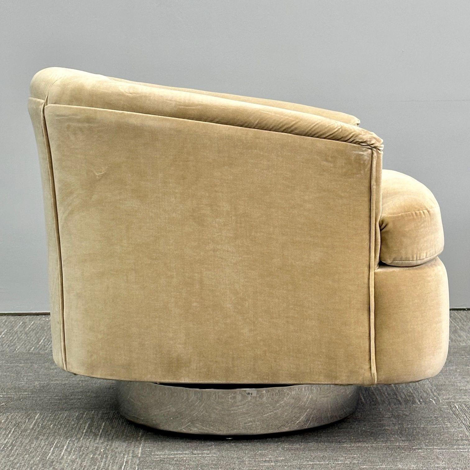 Mid-Century Modern Milo Baughman Style Swivel Chairs, Chrome Base, Tan Mohair 2