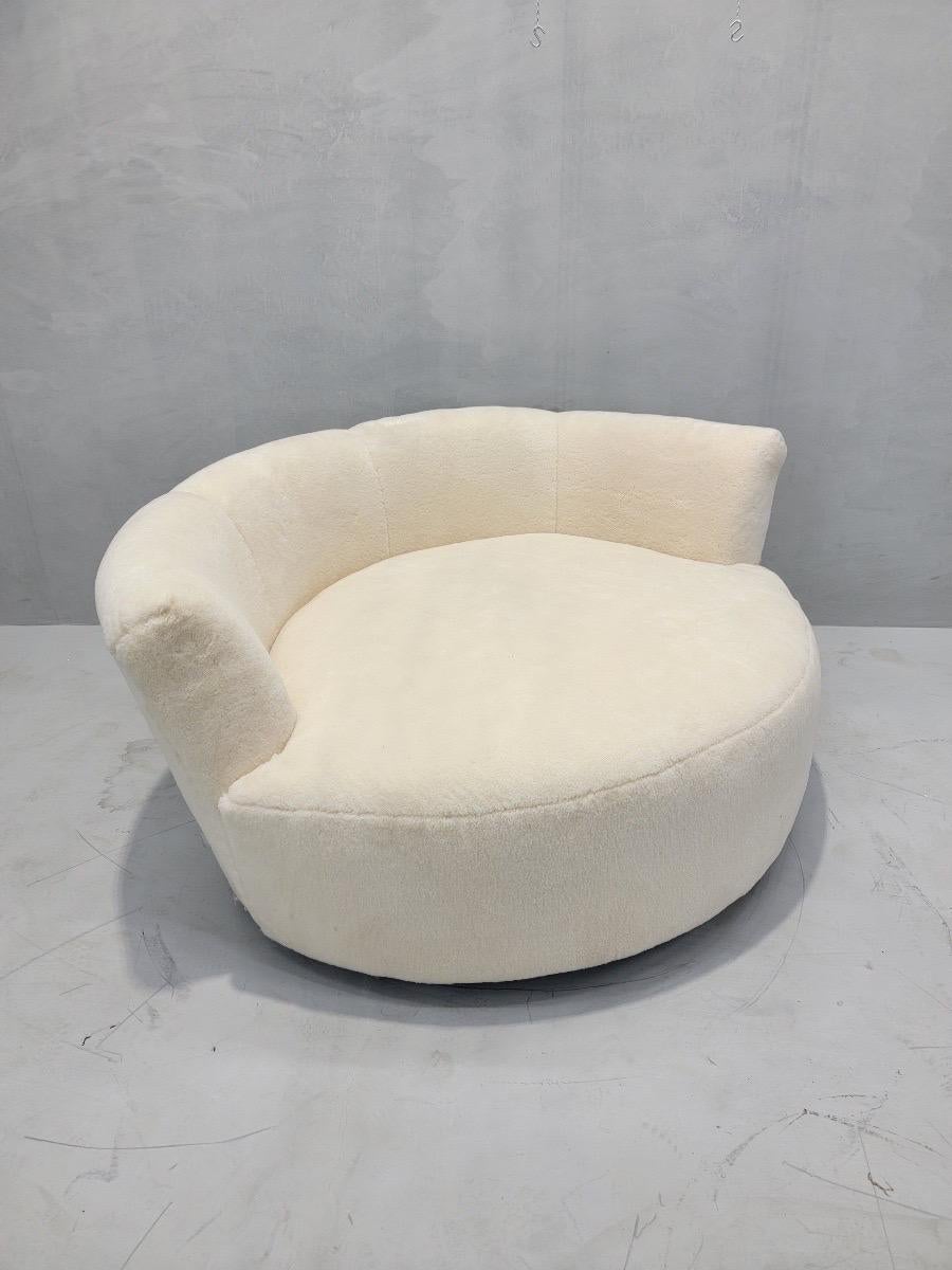 Mid Century Modern Milo Baughman Style Swivel Love Lounge Newly Upholstered in a High End Natural Shearling 