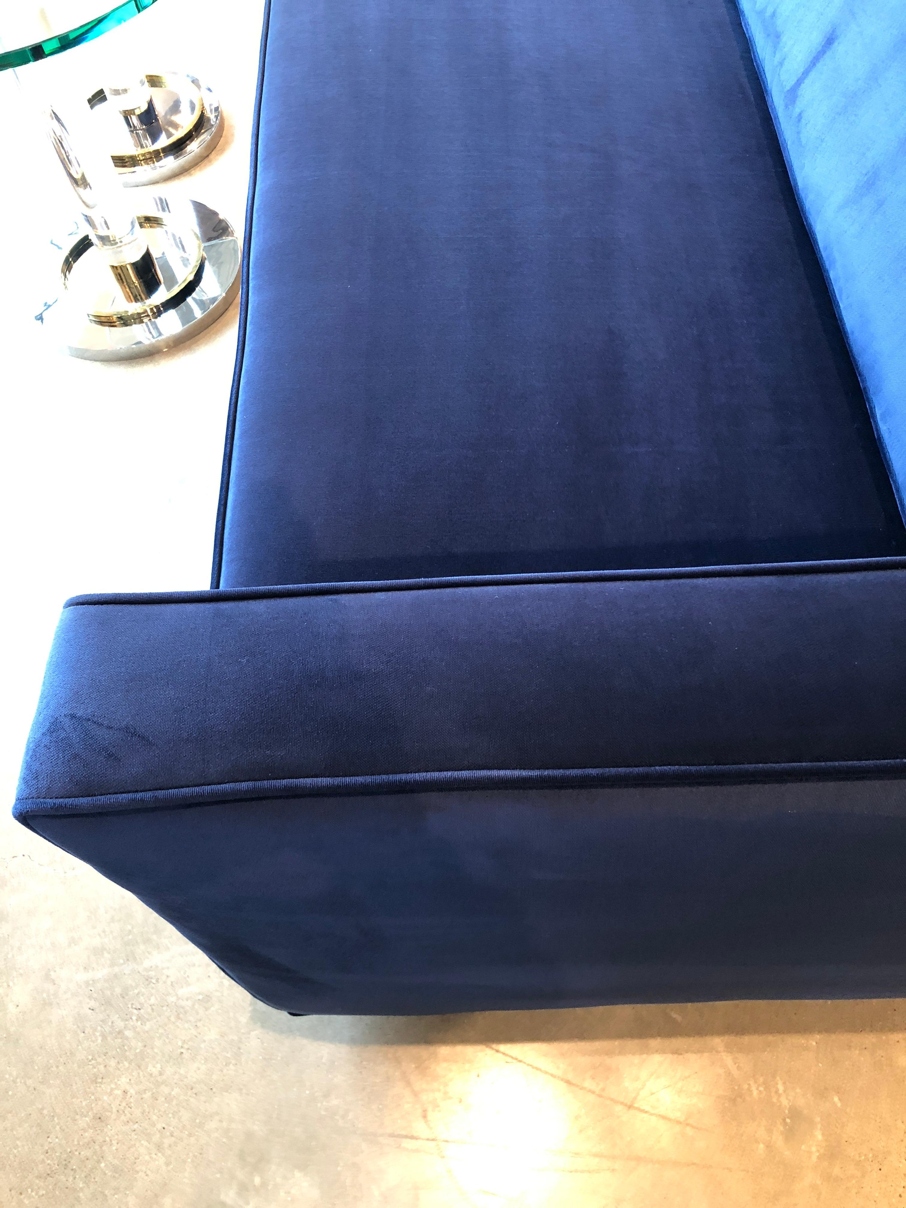 Mid-Century Modern Milo Baughman Style Tuxedo Sofa in New Blue Cotton Velvet 4