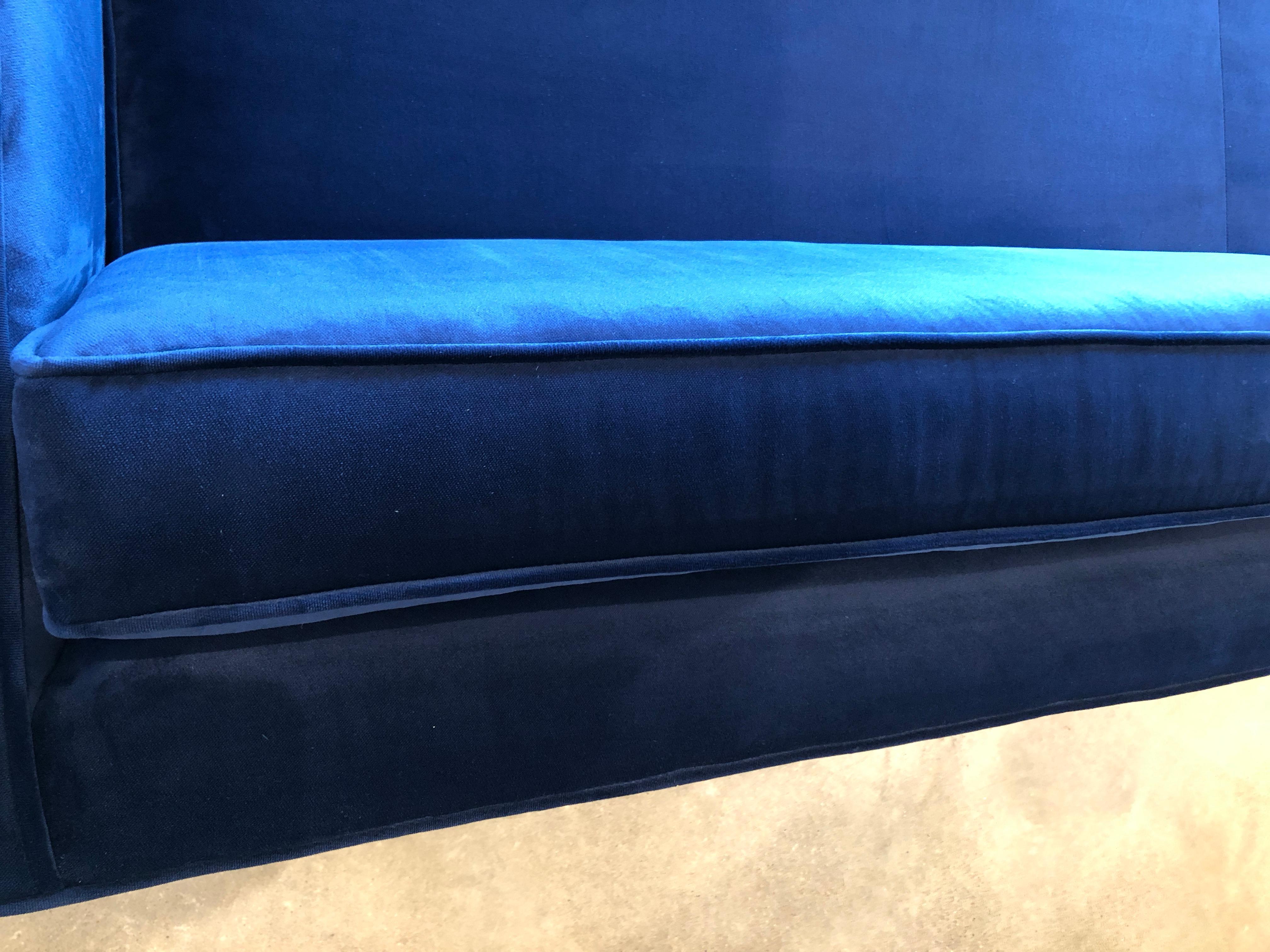 Mid-Century Modern Milo Baughman Style Tuxedo Sofa in New Blue Cotton Velvet 5