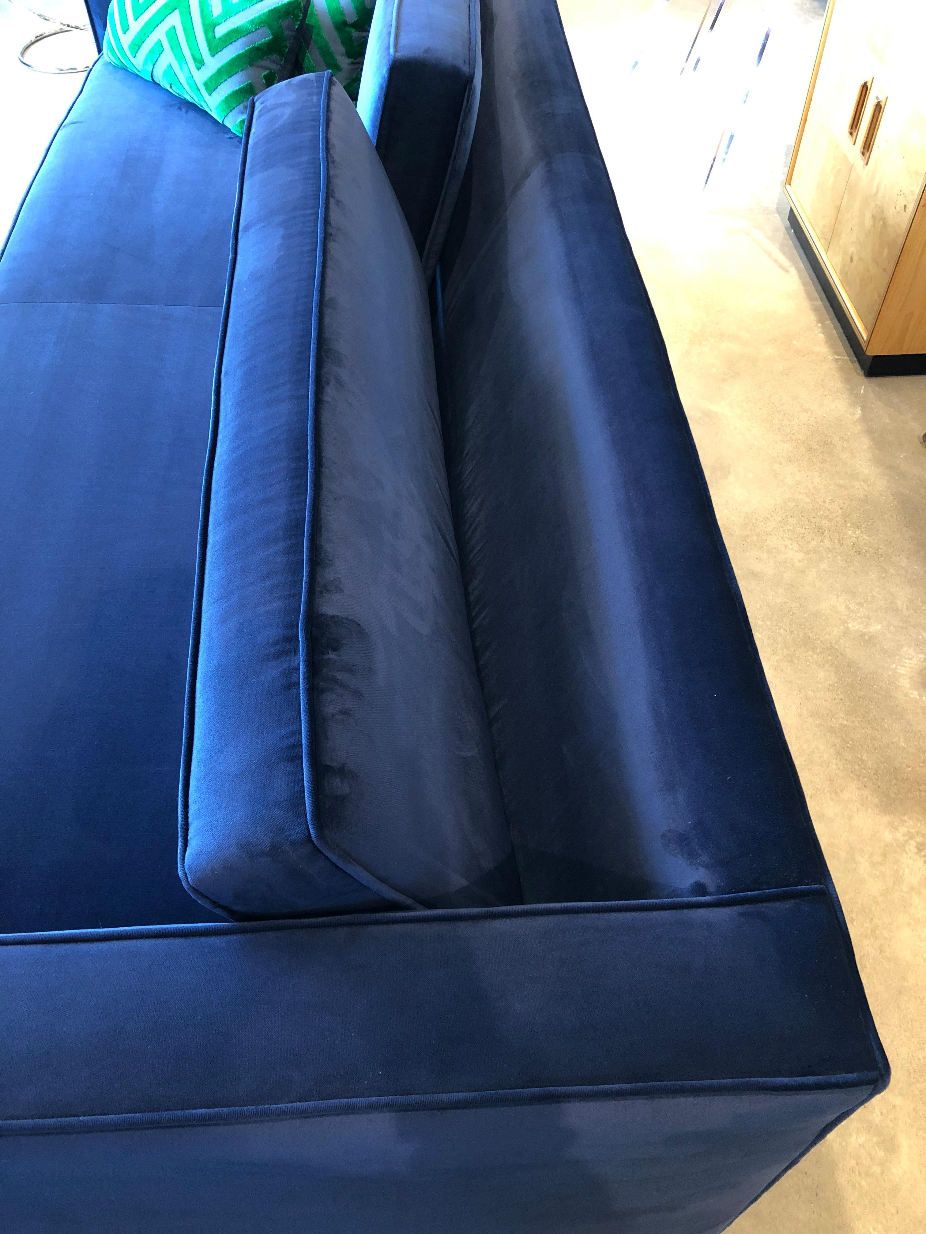 Mid-Century Modern Milo Baughman Style Tuxedo Sofa in New Blue Cotton Velvet 6