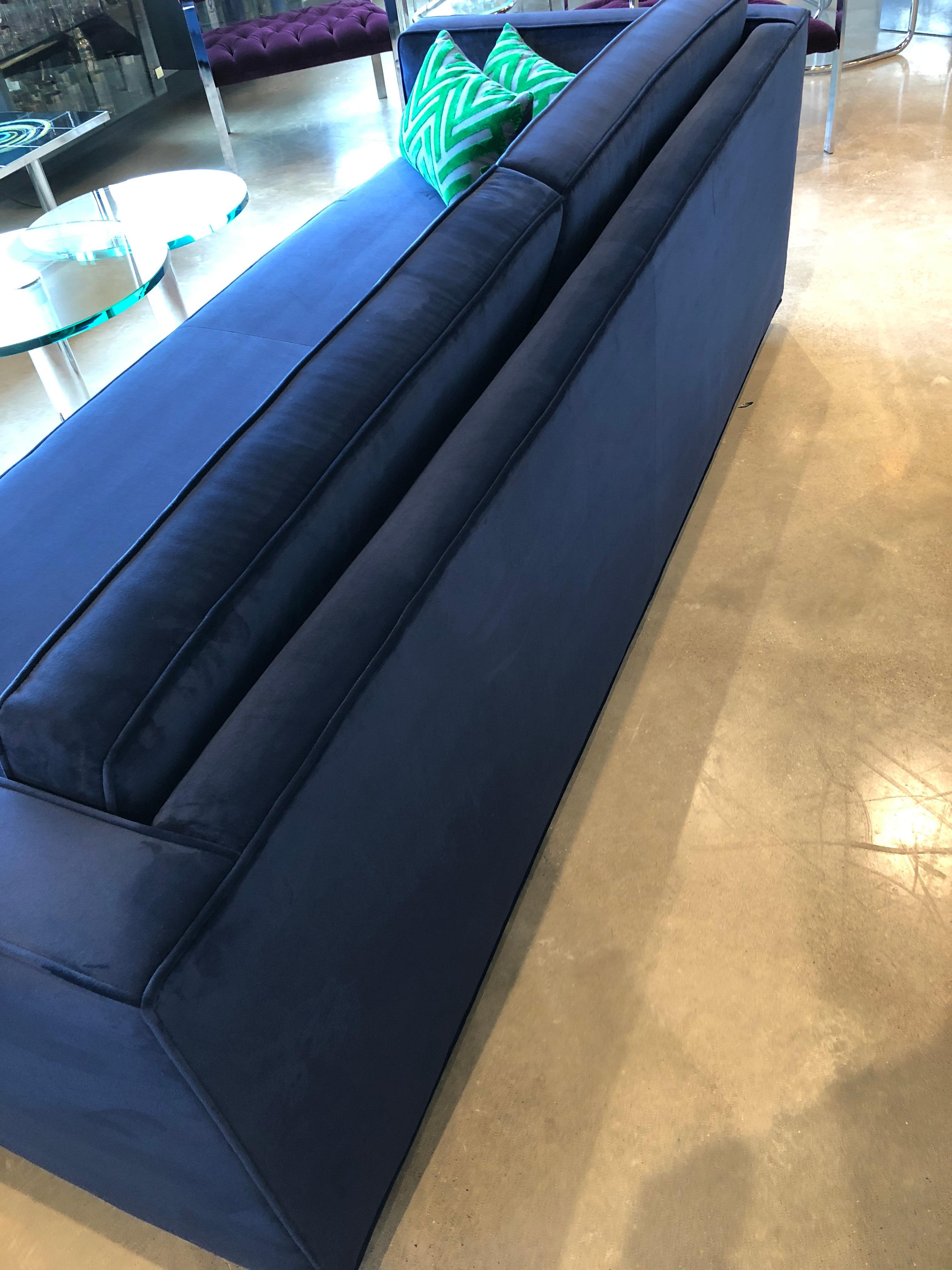 Mid-Century Modern Milo Baughman Style Tuxedo Sofa in New Blue Cotton Velvet 8