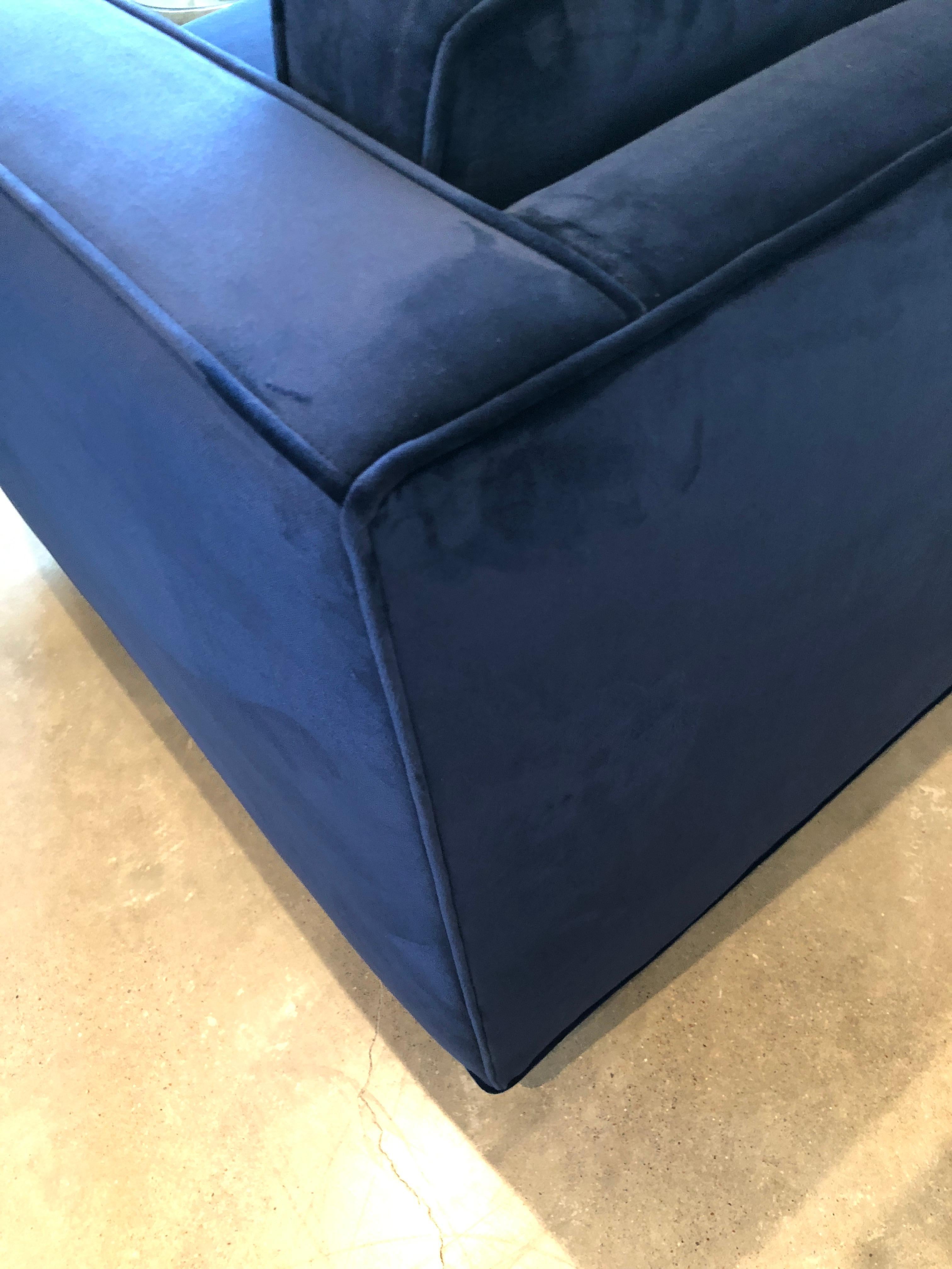 Mid-Century Modern Milo Baughman Style Tuxedo Sofa in New Blue Cotton Velvet 9