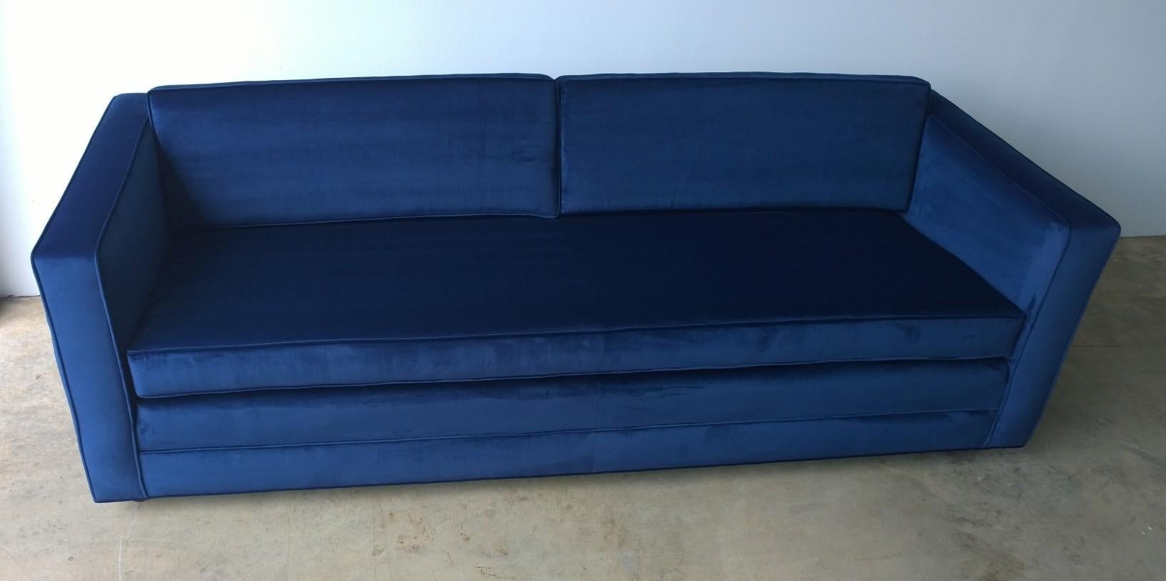 Mid-Century Modern Milo Baughman Style Tuxedo Sofa in New Blue Cotton Velvet In Good Condition In Houston, TX