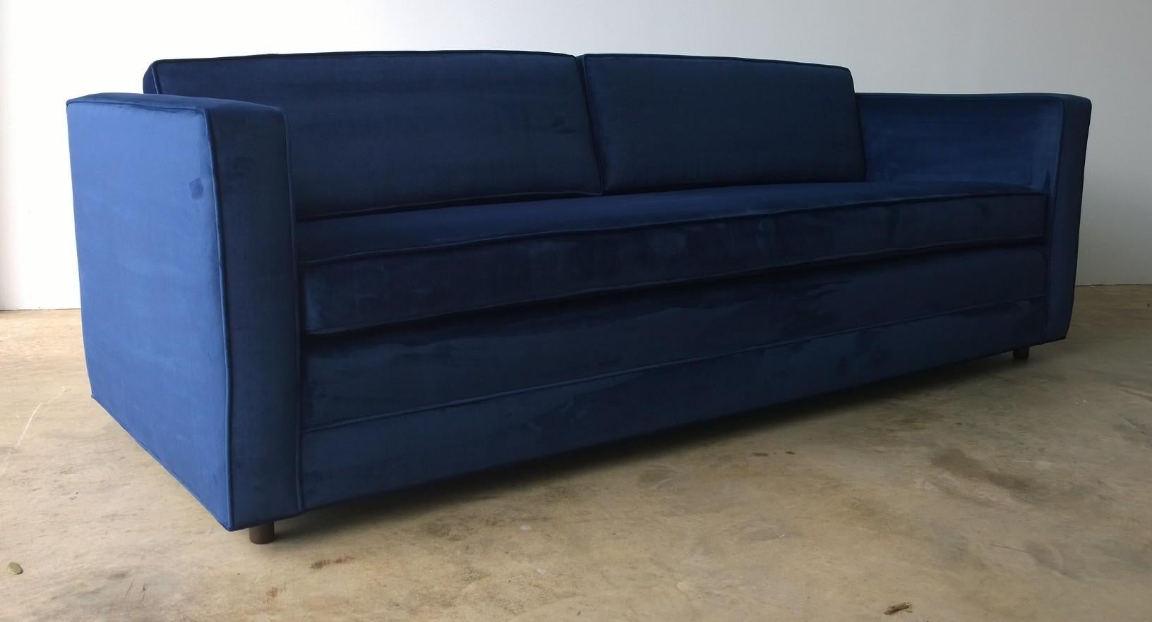 20th Century Mid-Century Modern Milo Baughman Style Tuxedo Sofa in New Blue Cotton Velvet