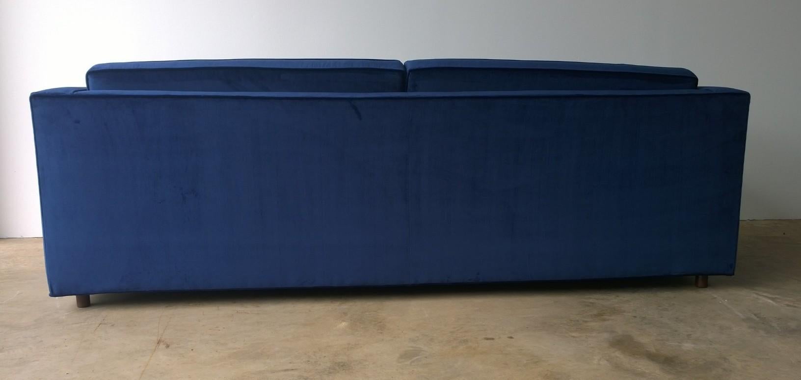 Fabric Mid-Century Modern Milo Baughman Style Tuxedo Sofa in New Blue Cotton Velvet