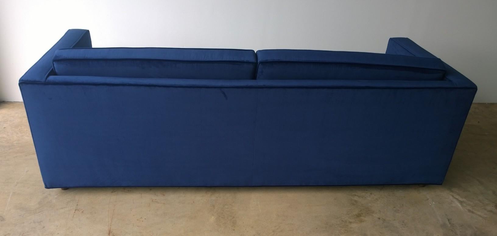 Mid-Century Modern Milo Baughman Style Tuxedo Sofa in New Blue Cotton Velvet 1