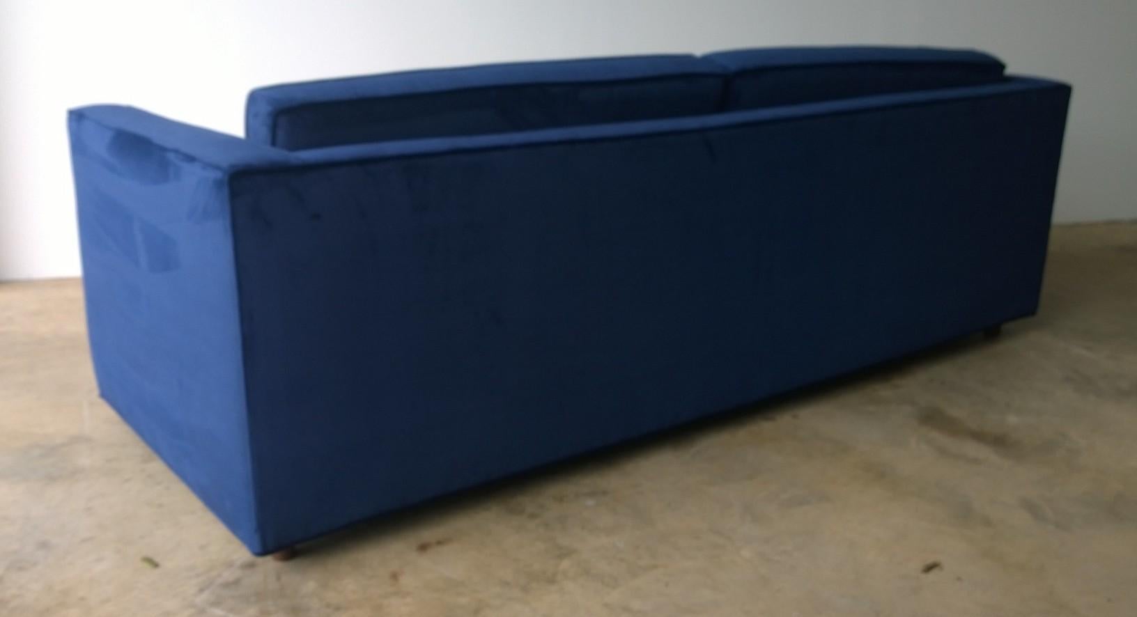 Mid-Century Modern Milo Baughman Style Tuxedo Sofa in New Blue Cotton Velvet 2