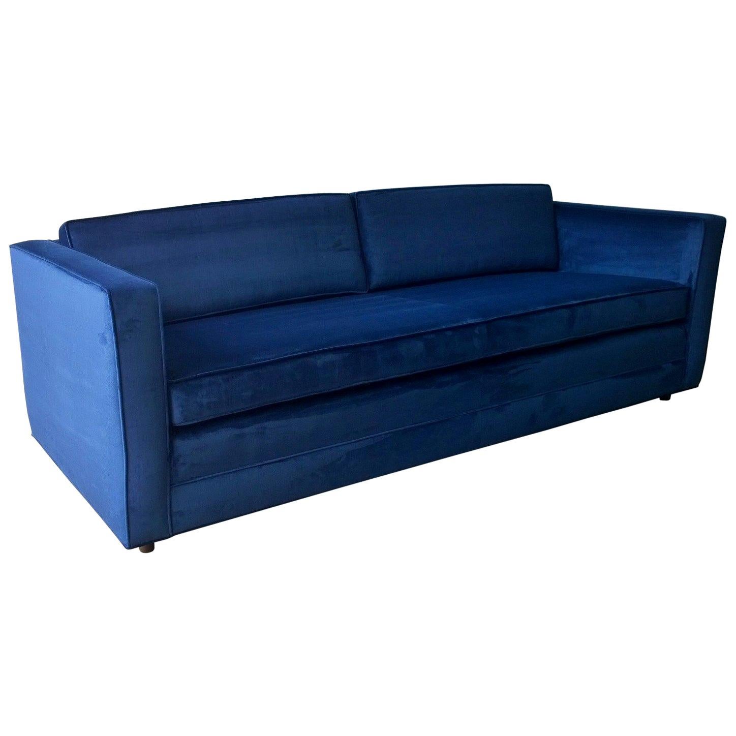 Mid-Century Modern Milo Baughman Style Tuxedo Sofa in New Blue Cotton Velvet