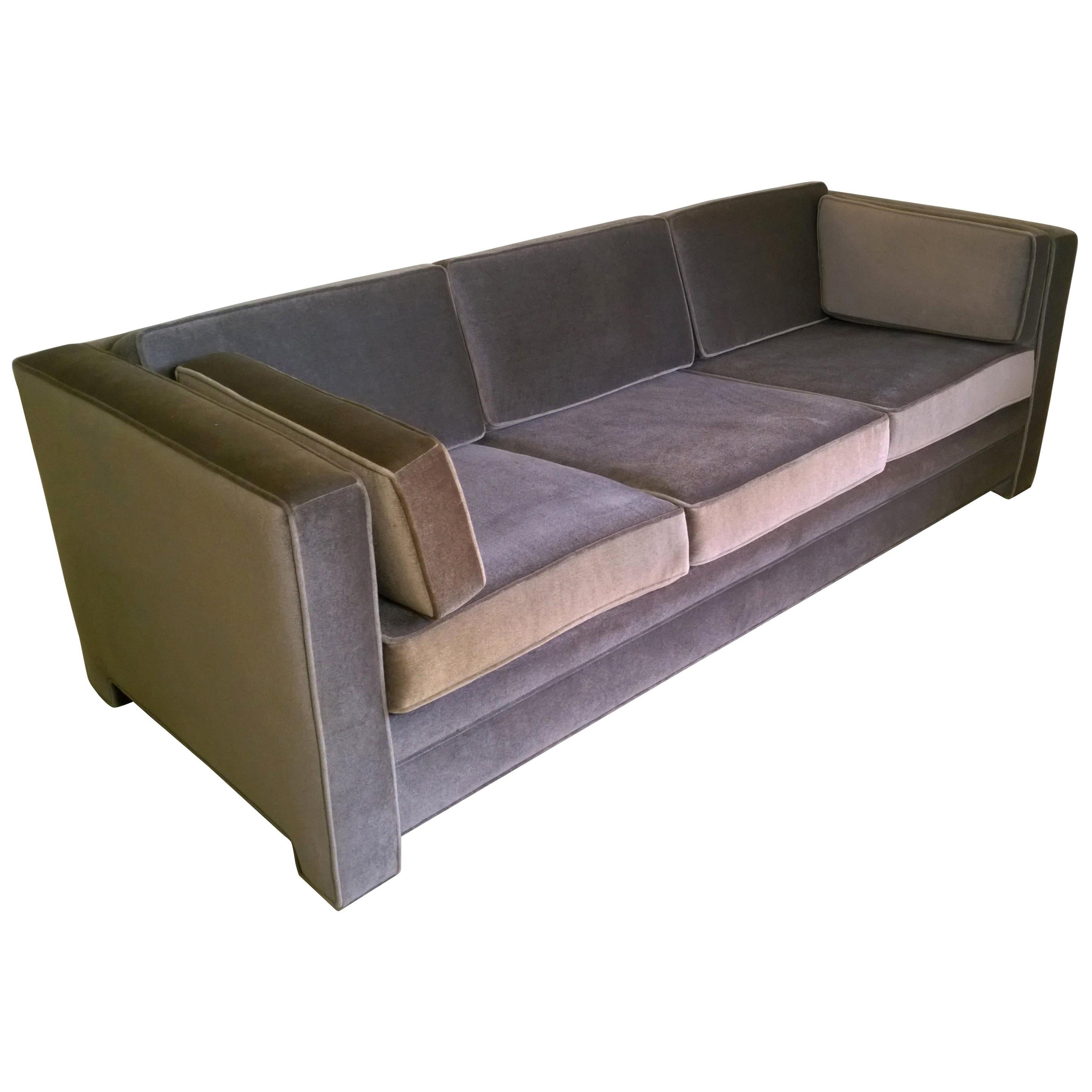 Mid-Century Modern Milo Baughman Style Upholstered in Gray Mohair Tuxedo Sofa