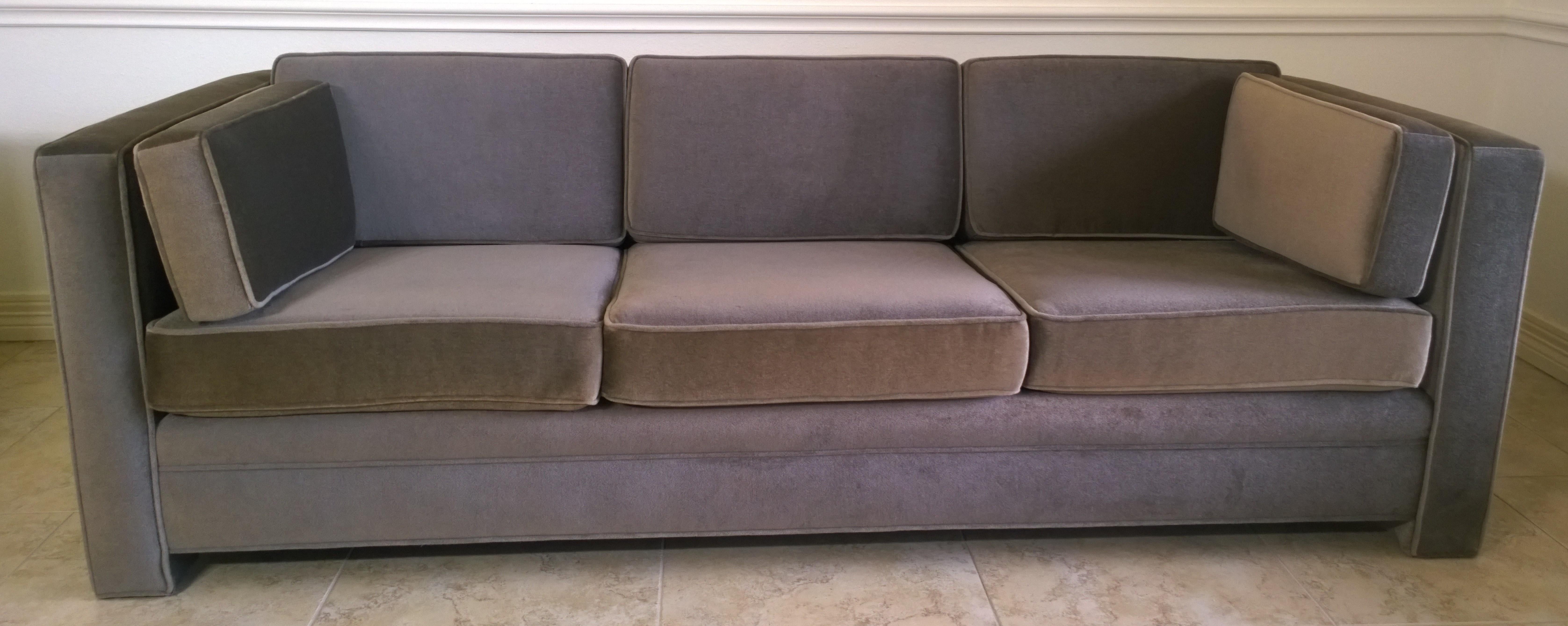 American Mid-Century Modern Milo Baughman Style Upholstered in Gray Mohair Tuxedo Sofa