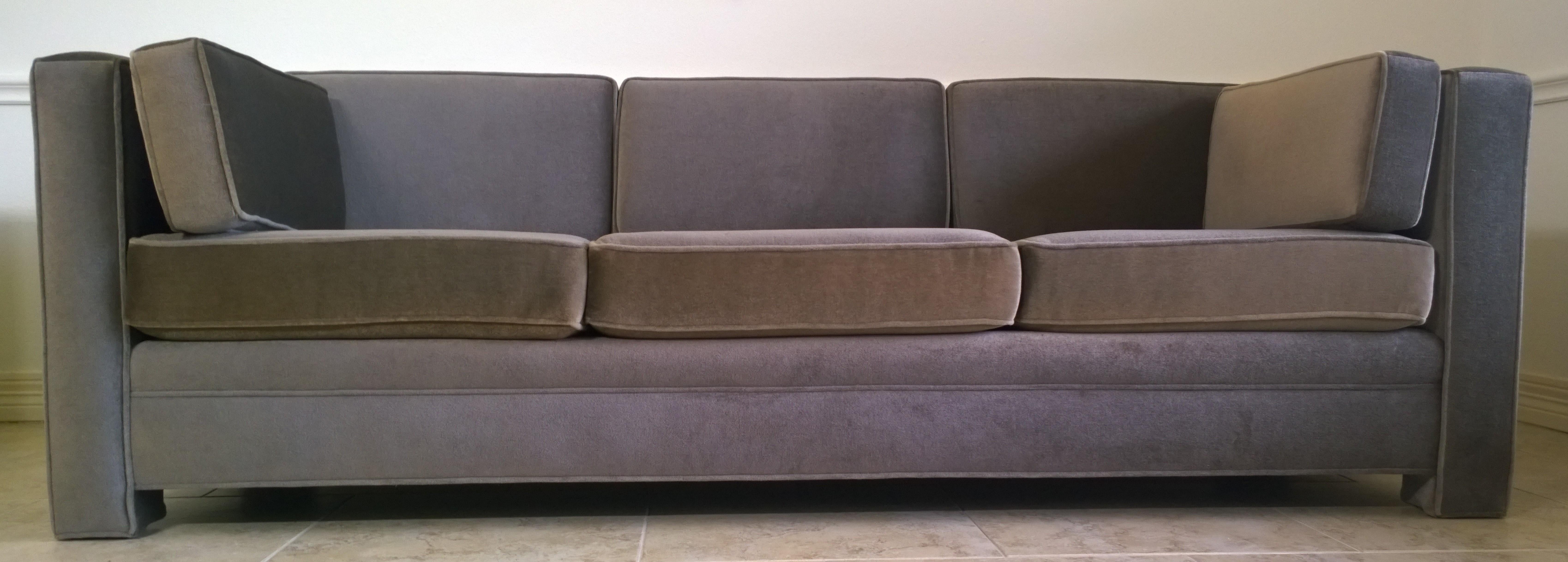 Mid-Century Modern Milo Baughman Style Upholstered in Gray Mohair Tuxedo Sofa In Good Condition In Houston, TX