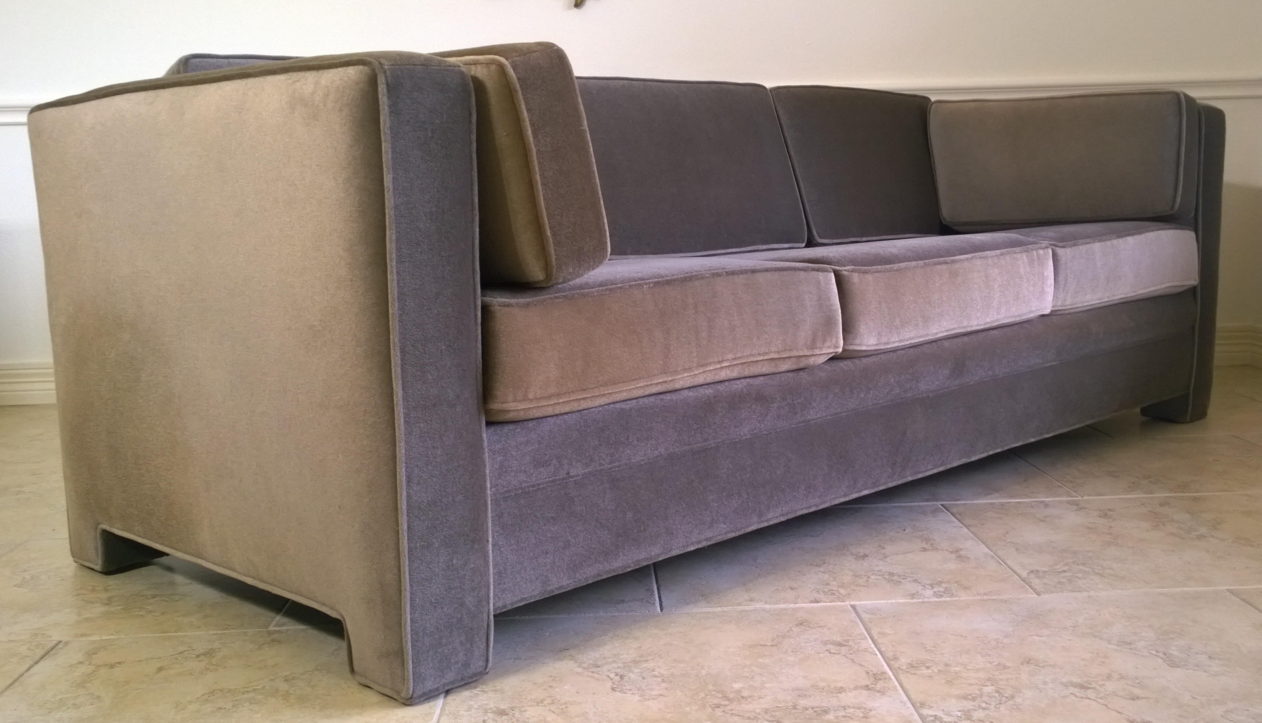 Contemporary Mid-Century Modern Milo Baughman Style Upholstered in Gray Mohair Tuxedo Sofa