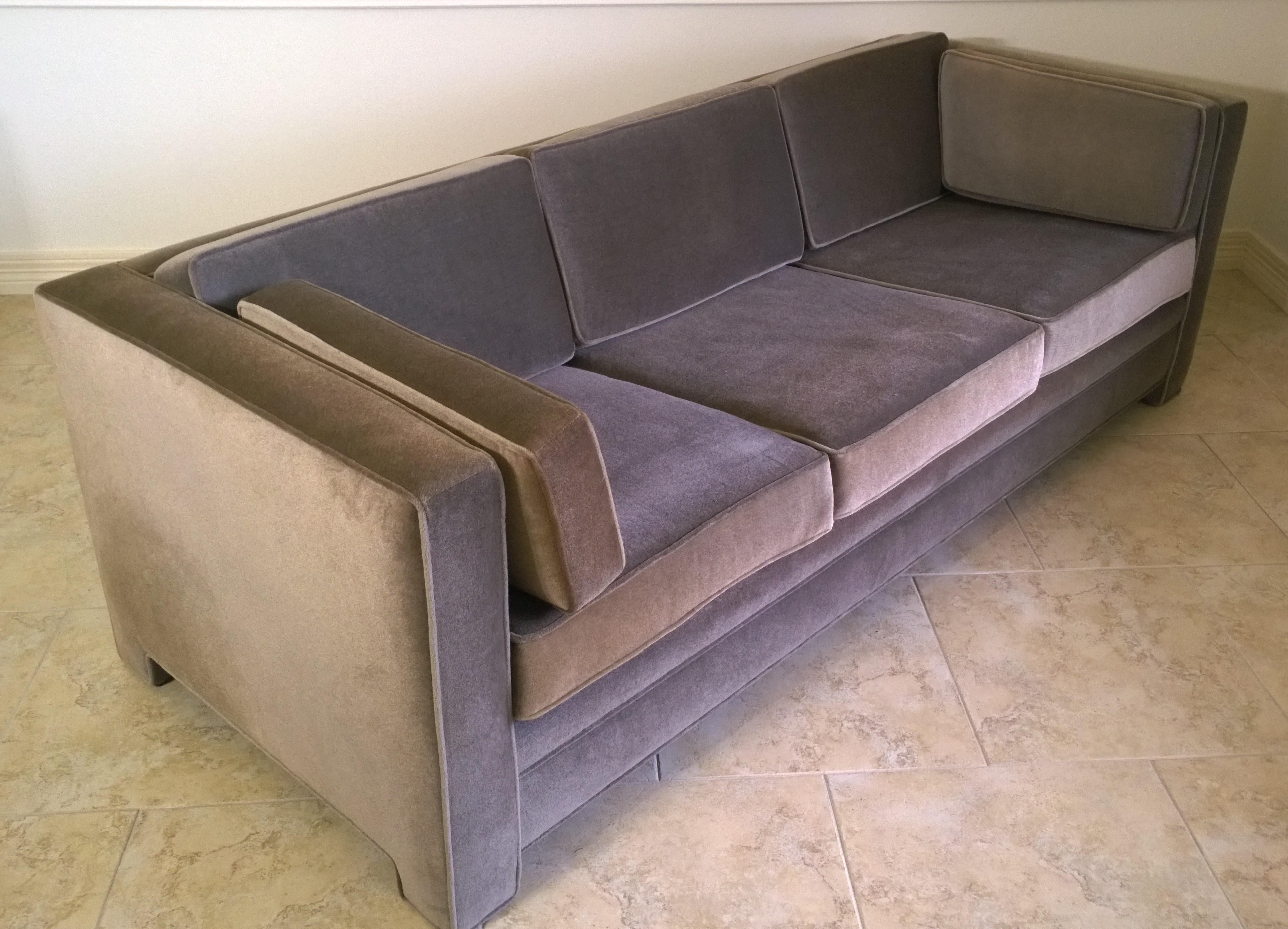 Mid-Century Modern Milo Baughman Style Upholstered in Gray Mohair Tuxedo Sofa 1