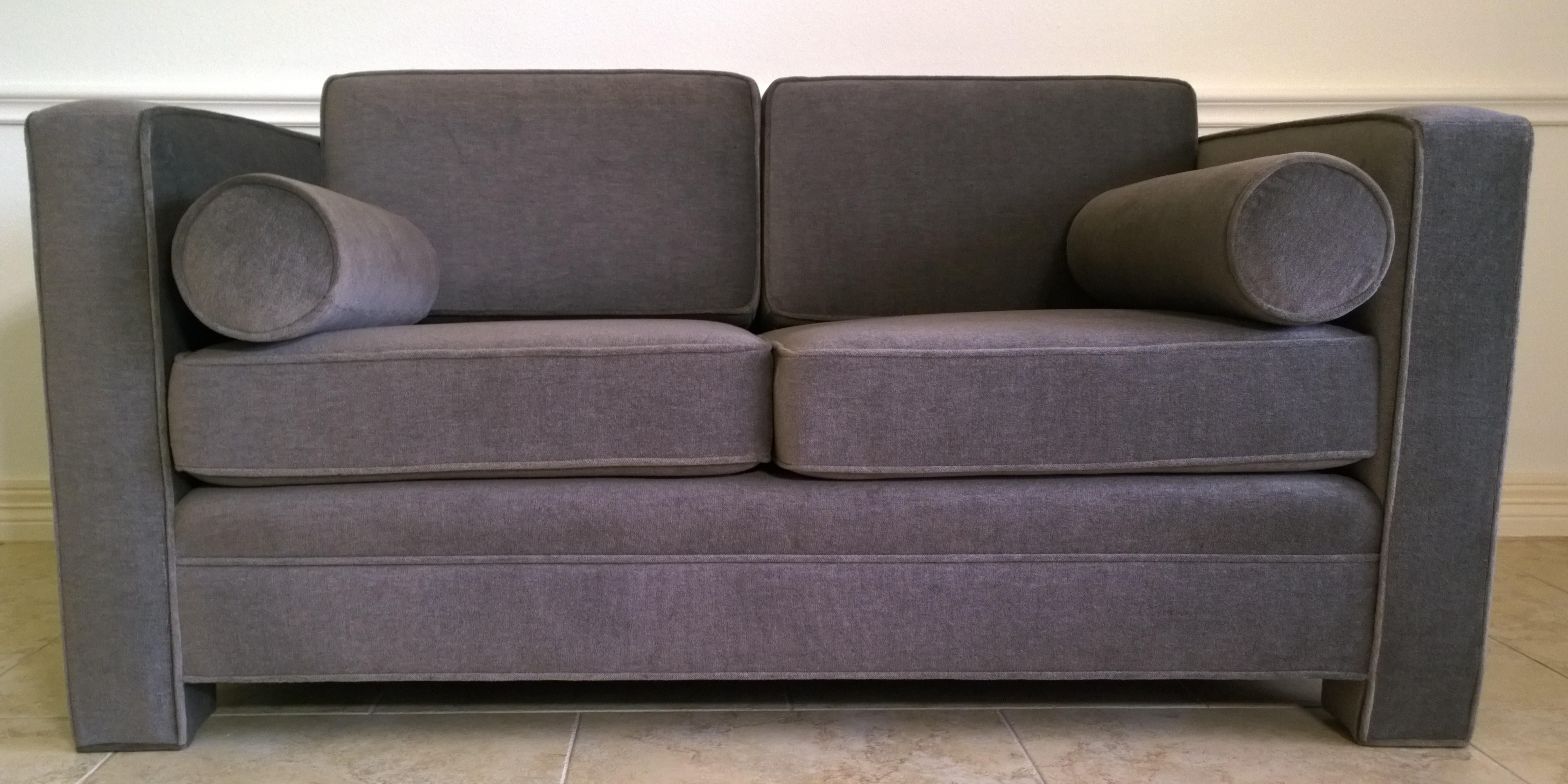 Mid-Century Modern Milo Baughman Style New Original Gray / Taupe Mohair Wool Tuxedo Love Seat Sofa