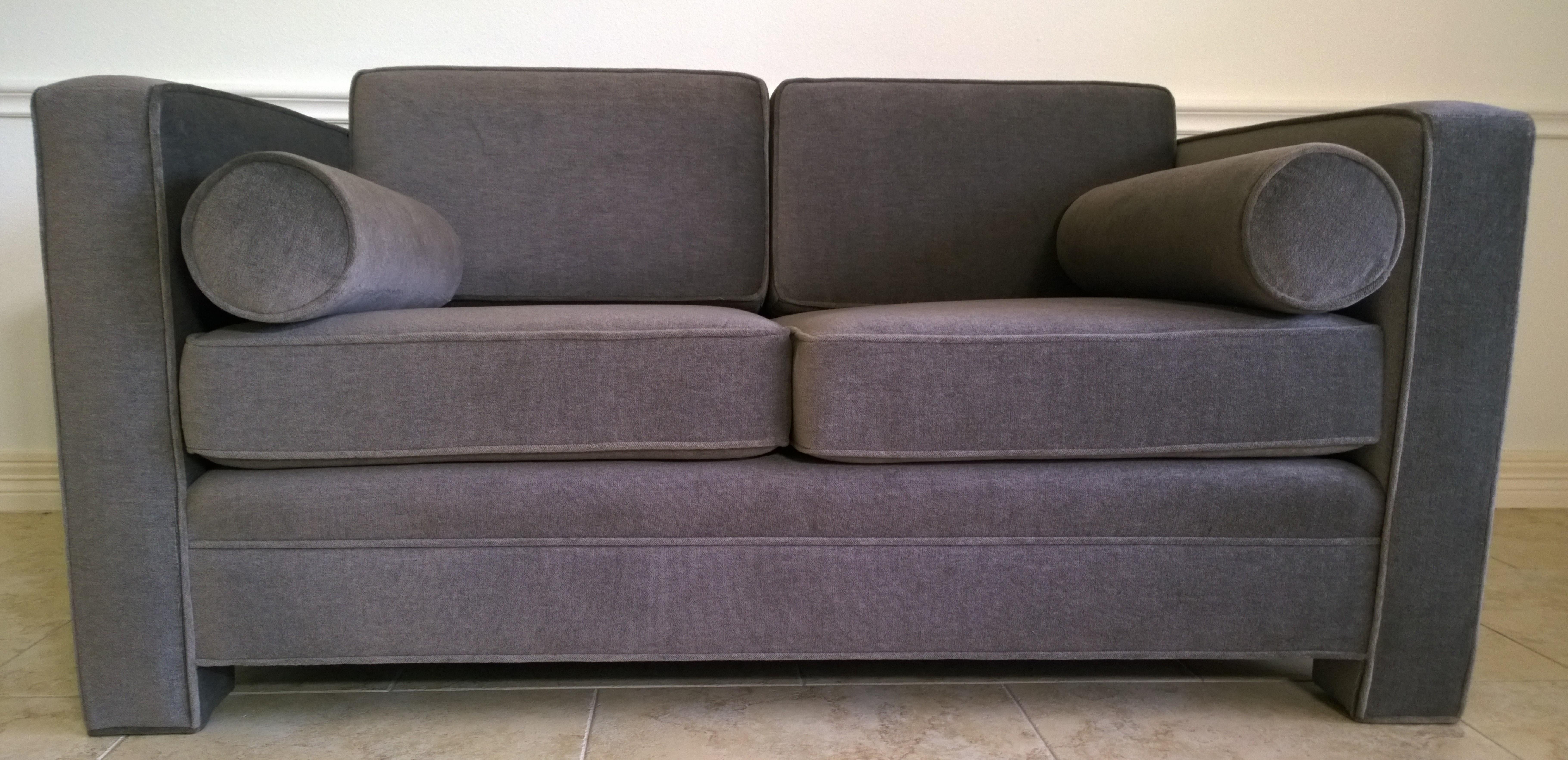 American Milo Baughman Style New Original Gray / Taupe Mohair Wool Tuxedo Love Seat Sofa
