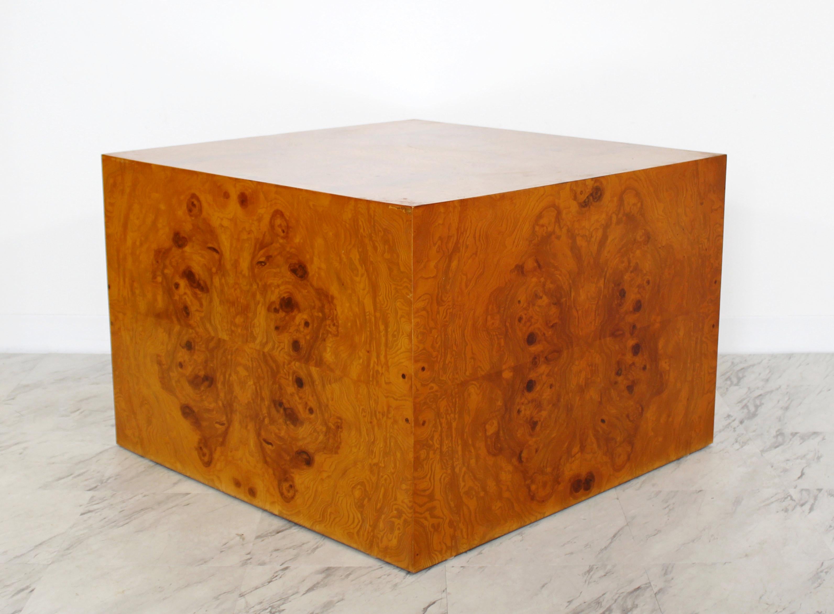 For your consideration is a fabulous, cube coffee table, made of burl wood, by Milo Baughman for Thayer Coggin, circa 1970s. In very good condition. The dimensions are 32