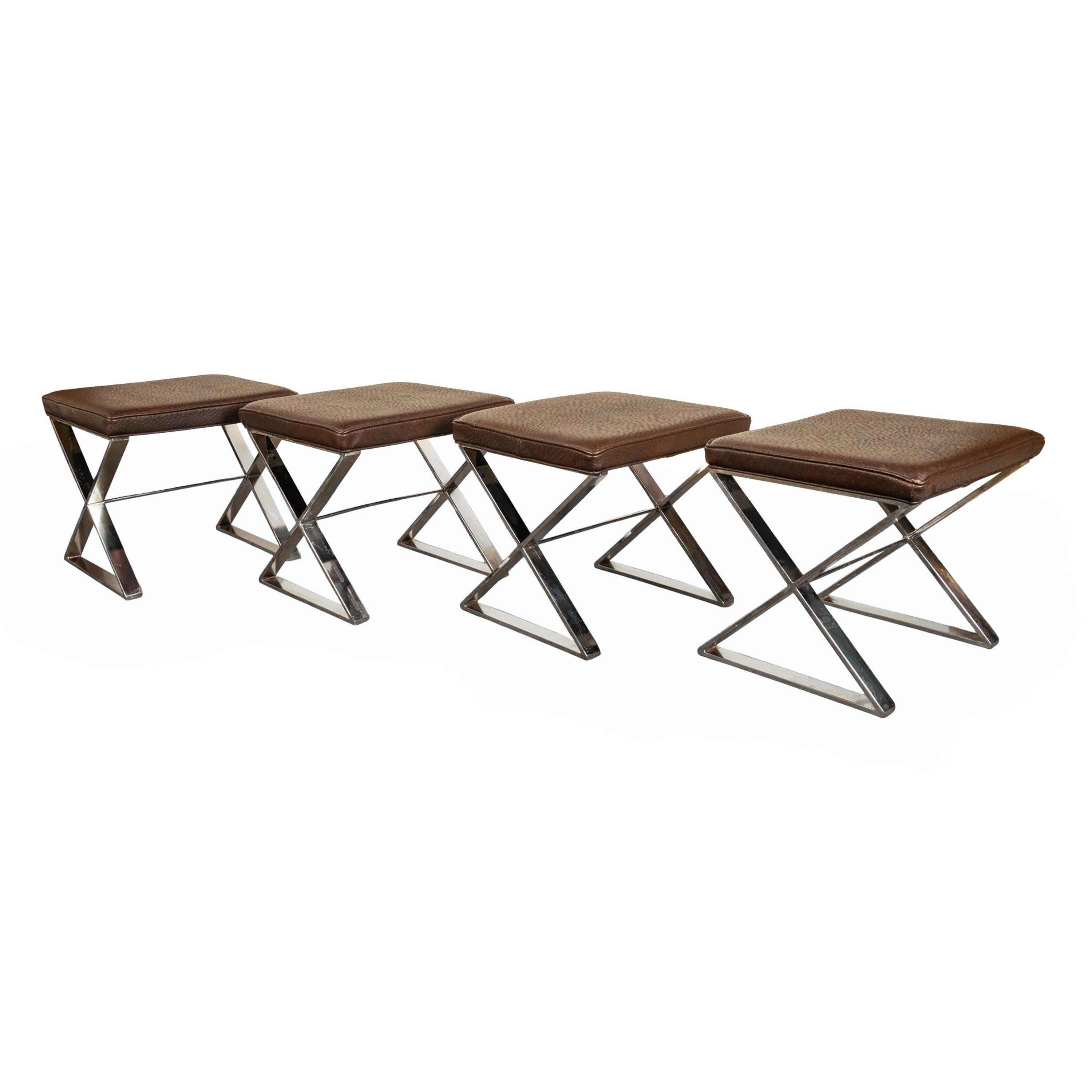 4 tabourets chromés mi-siècle moderne Milo Baughman Thayer Coggin en cuir d'autruche en vente 3