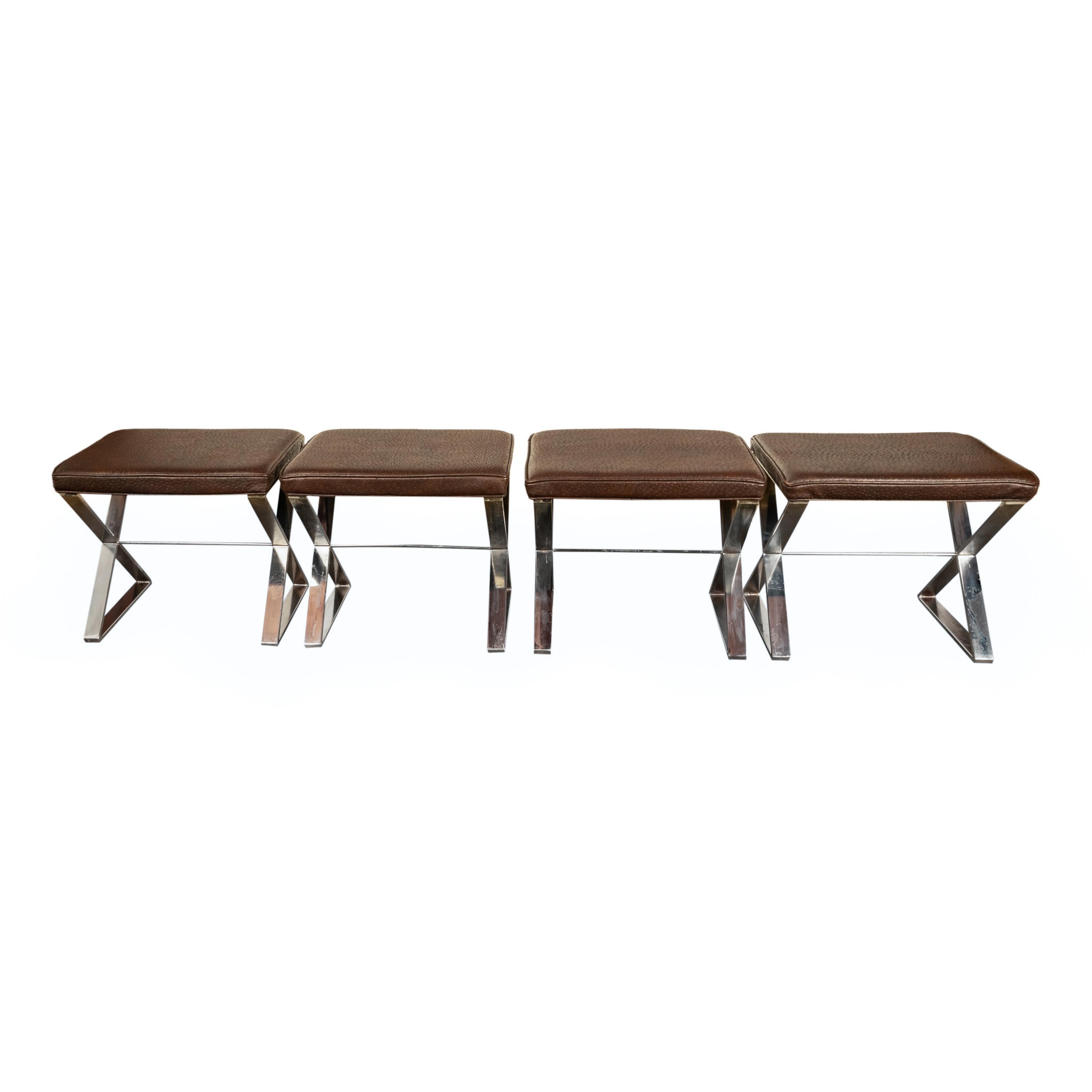 4 tabourets chromés mi-siècle moderne Milo Baughman Thayer Coggin en cuir d'autruche en vente 4