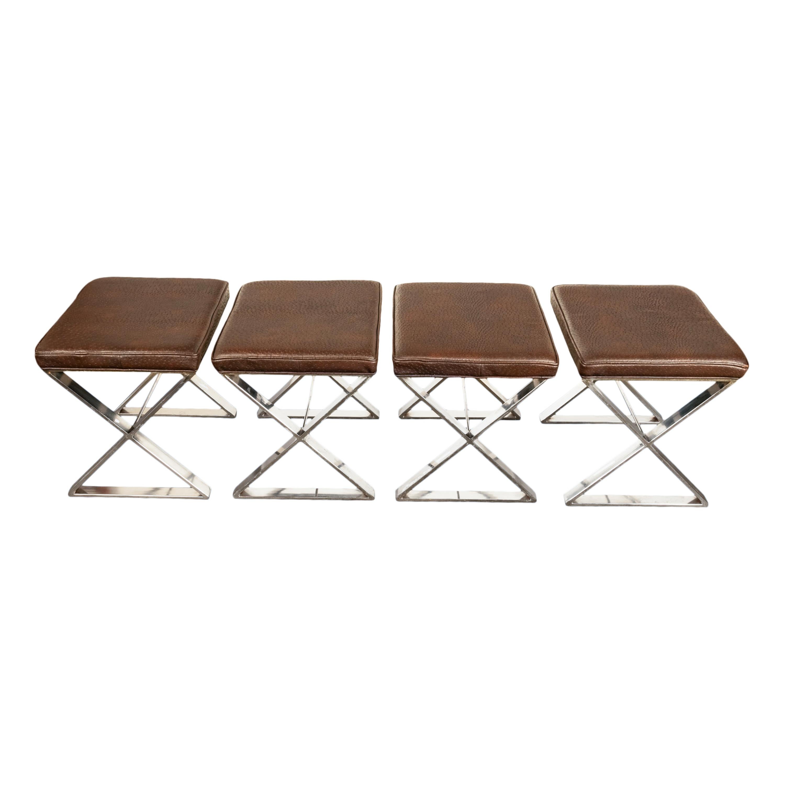 4 tabourets chromés mi-siècle moderne Milo Baughman Thayer Coggin en cuir d'autruche en vente 1